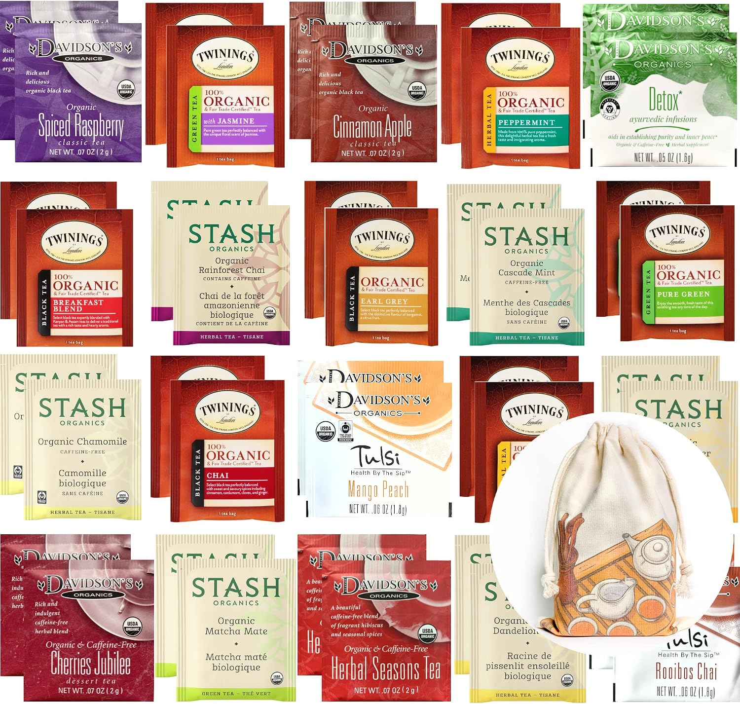 Organic Tea Bags Sampler Pack - Assorted Variety Gift Set - Caffeinated, Caffeine Free, Herbal - Handmade Cotton Pouch Included - 40 Count, 20 Flavors