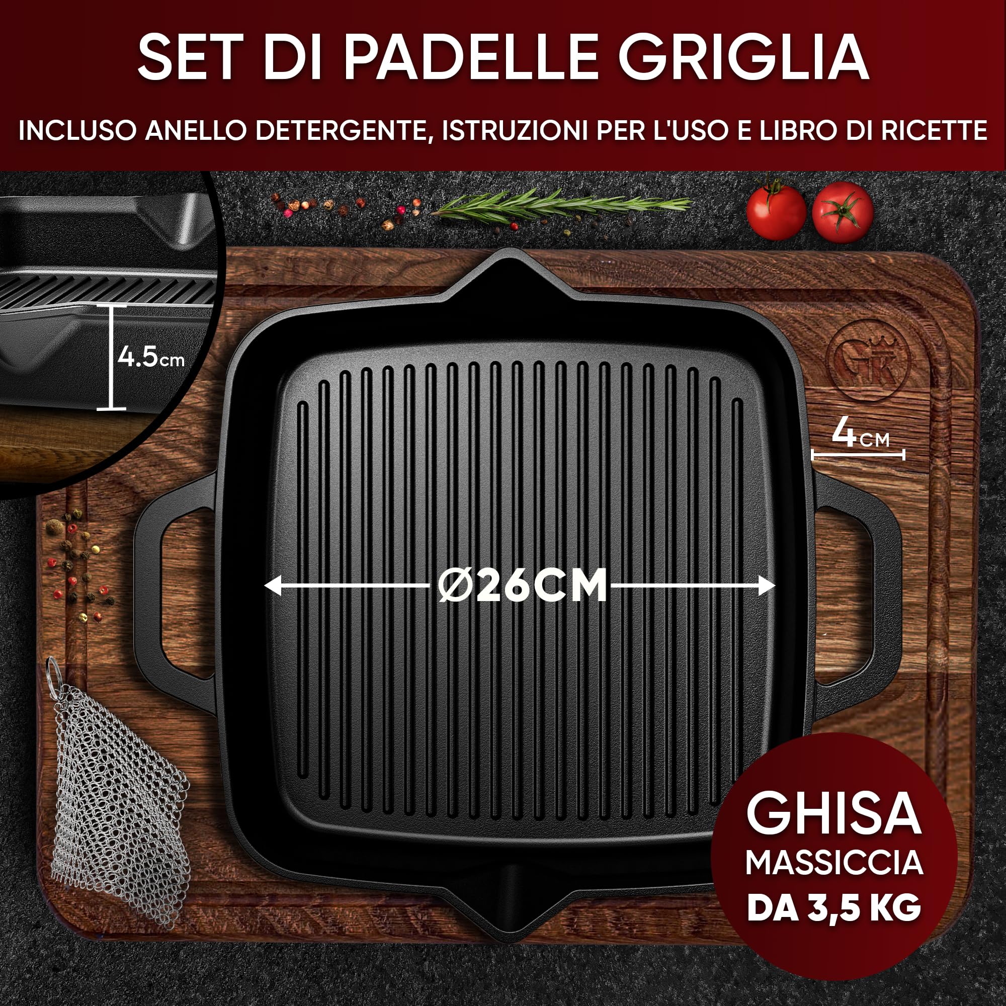 GUSSKÖNIG Bistecchiera in Ghisa 26 cm – Superficie Rigata per Grill – Prestagionata Naturale – Compatibile Induzione e Forno – Ideale per Carne, Verdure e Grigliate
