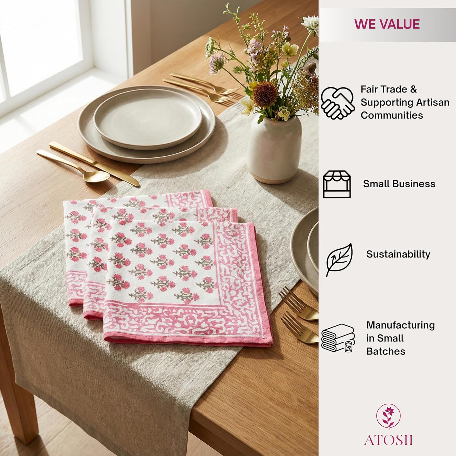 ATOSII Gulbahar White Pink 100% Cotton Cloth Napkins, Handblock Print Designer Table Linen, Perfect for Dinners, Weddings, Cocktail, Kitchen, Thanksgiving/Christmas I 20" X 20" Inches I Set of 4