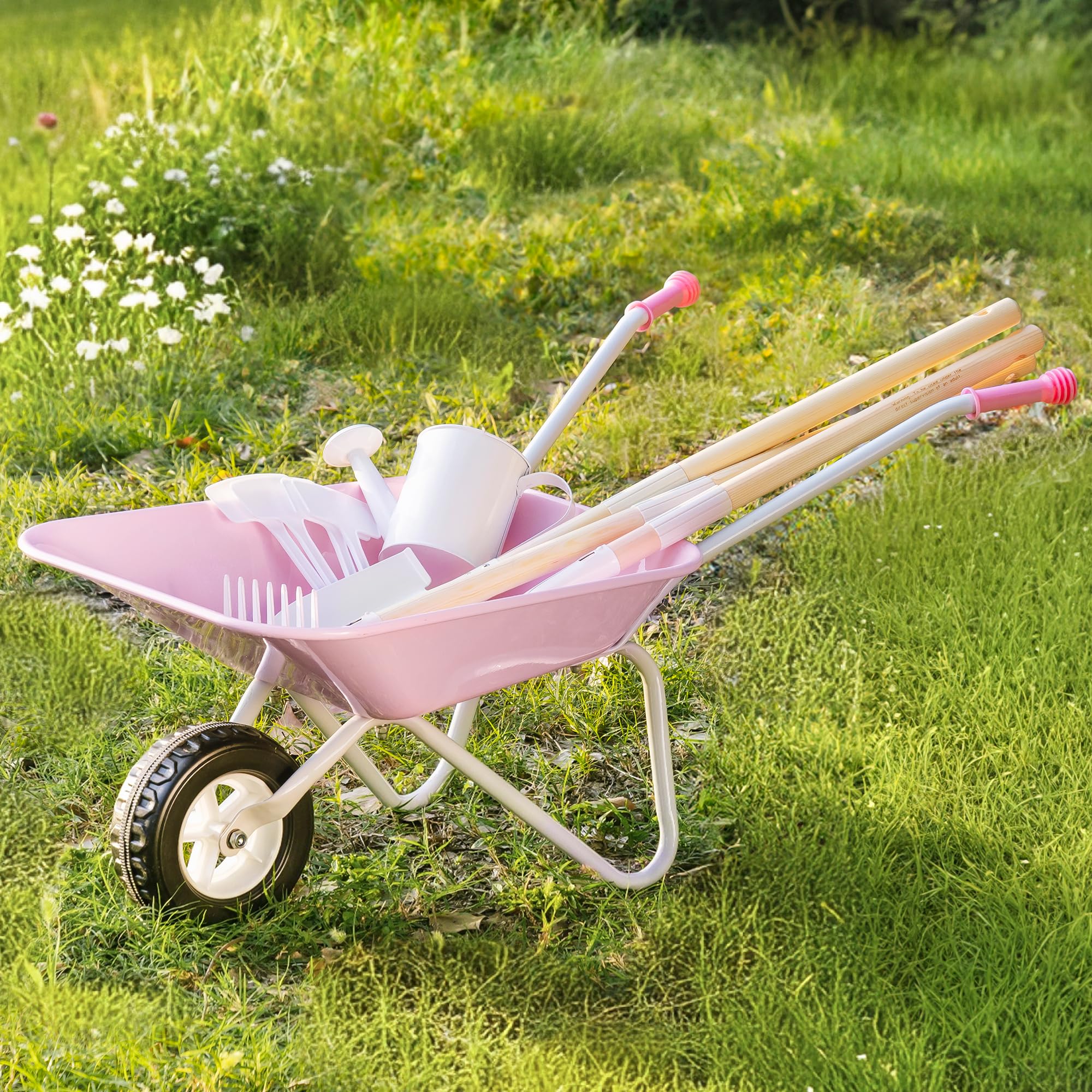ROBUD Carriola per bambini in metallo con set di attrezzi da giardino, 6 pezzi: carriola per bambini con pala lunga, rastrello, scopa per foglie, annaffiatoio e etichette per piante, giocattolo da