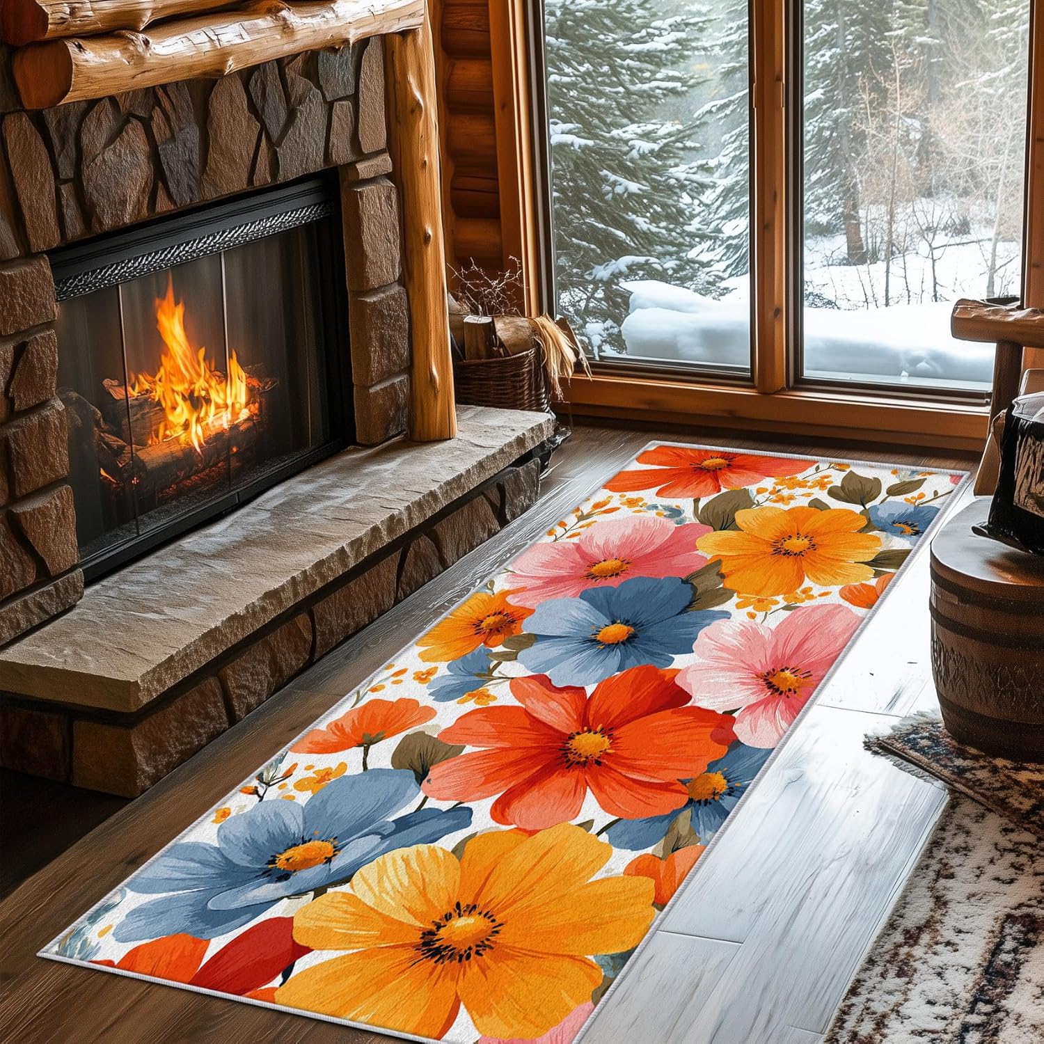 Summer Floral Runner Rug 2x4 Small - Hallway Runner Rug Pink Blue Yellow Tropical Flower Pattern, Non Slip, Washable, Summer Floral Home Decor Carpet for Kitchen, Entryway, Bedroom, Laundry Room H562