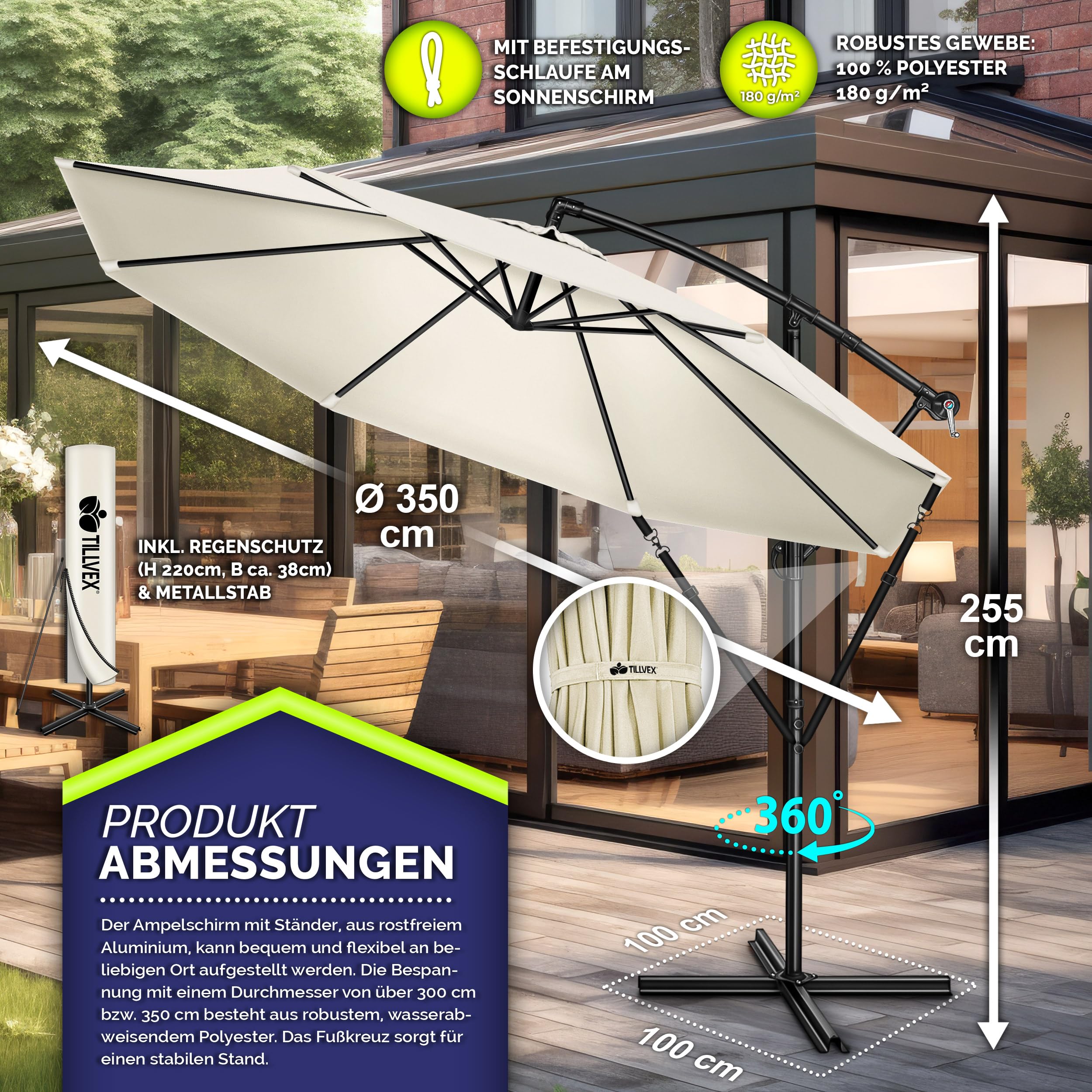 tillvex Alu Sonnenschirm + Abdeckung Ø 300 cm mit Kurbel | Ampelschirm mit Ständer & Windschutz | Gartenschirm UV-Schutz Aluminium | Kurbelschirm wasserdicht 360° drehbar