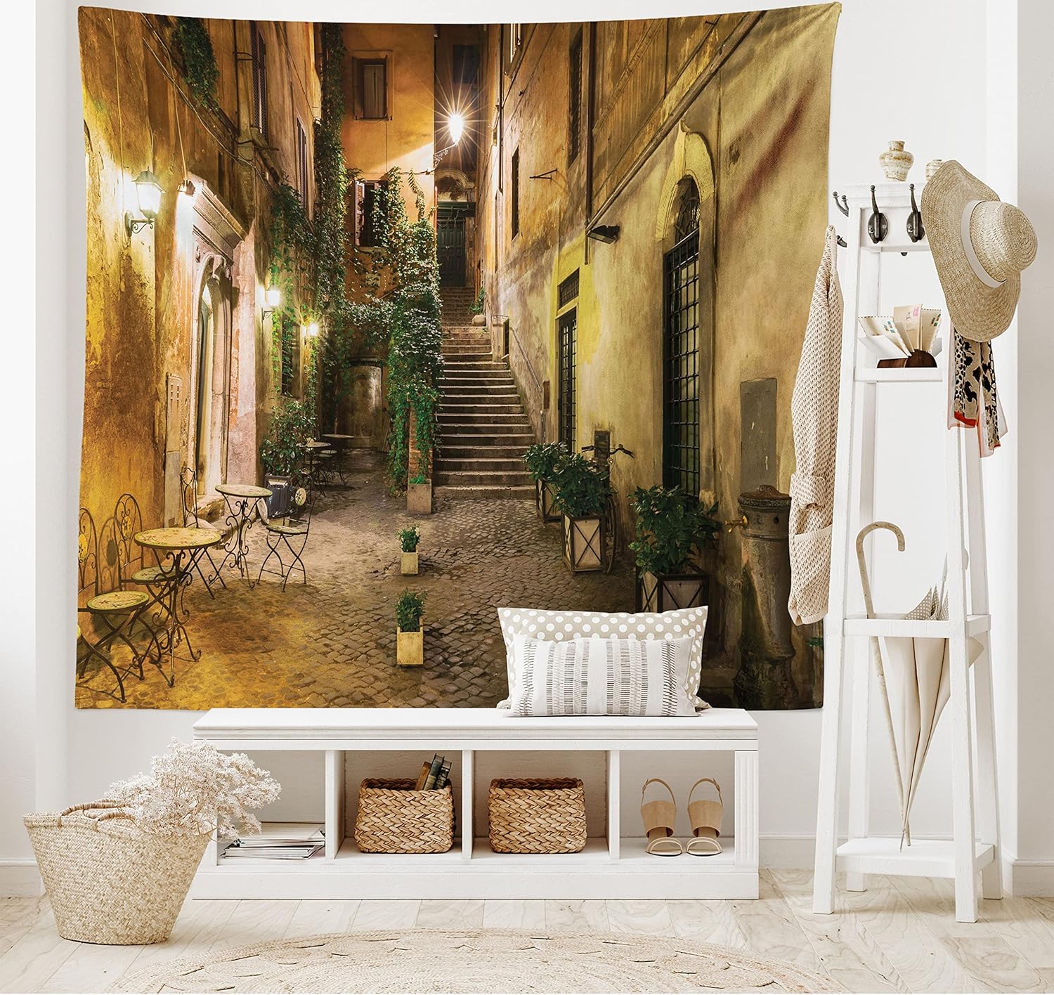 Ambesonne Cityscape Tapestry, Courtyard Night View with Street Cafe Chairs Plants in Flowerpots Rome Print, Wide Wall Hanging for Bedroom Living Room Dorm, 80" X 60", Orange Brown