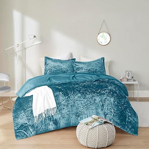 Comfort Spaces Juliette Luxe Comforter Set Velvet Lush with Soft Brushed Microfiber Reverse, All Season Cozy Velvet Bedding Sets, Fluffy Comforter Bed Set, Matching Sham, Teal Full/Queen 3 Piece