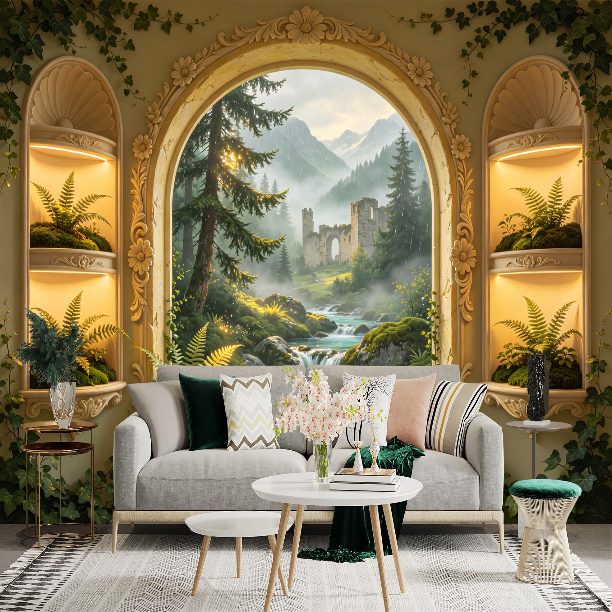 Lnzczhyre Dbh260521281 Custom Size Wall Sticker Mural， Scenic Window View With Ancient Ruins， Misty Forest River， Lush Green Ferns， Ethereal Mountain Landscape， For Wall Decoration， Peelandstick Wall Decals.