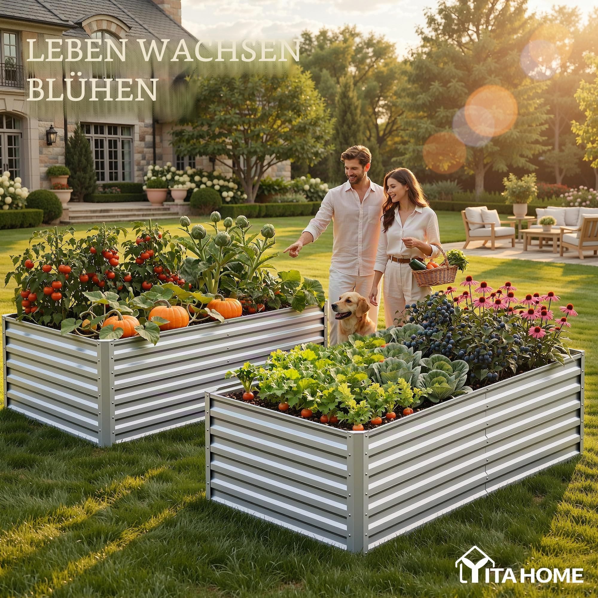 YITAHOME Hochbeete für Garten,870L Hochbeet aus Metall mit 0,35mm verzinkter Stahl, Pflanzkasten mit Sicherheitsrand und 4 Stützstangen für Gartenobst und gemüse (2X Silber,180 x 90 x 54CM)