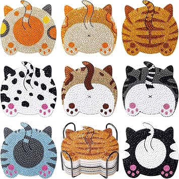 Snuvid Diamond Art Painting Coasters Kits, 8Pcs Cat Butt Coaster with Holder for Adults, Non-Slip DIY Dot Paint Craft Kits, Funny Cat Lover Gifts for Women