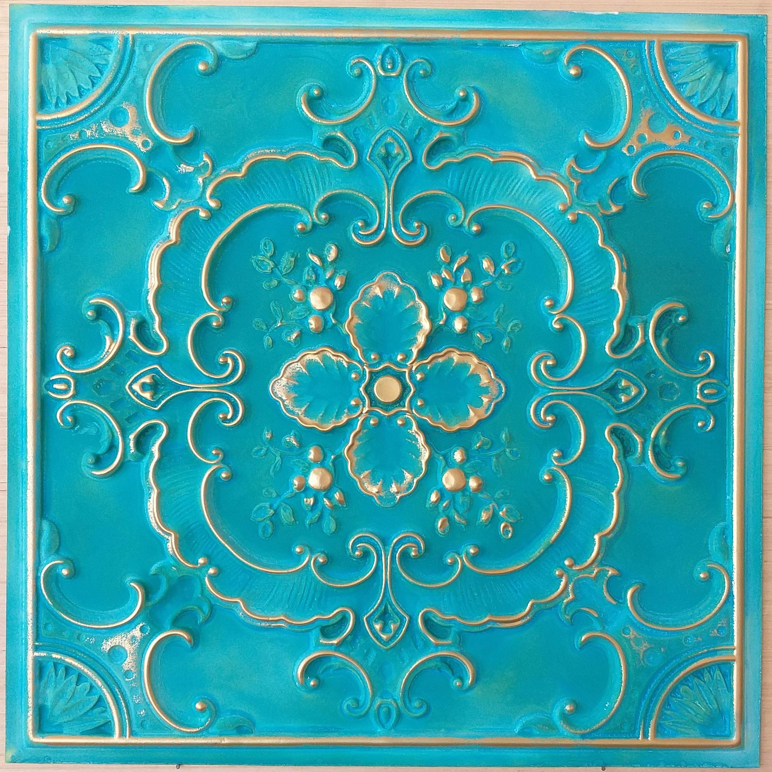 PVC Ceiling Tiles Cyan Gold Embossed Decor Wall Panels PL19 Pack of 10pcs