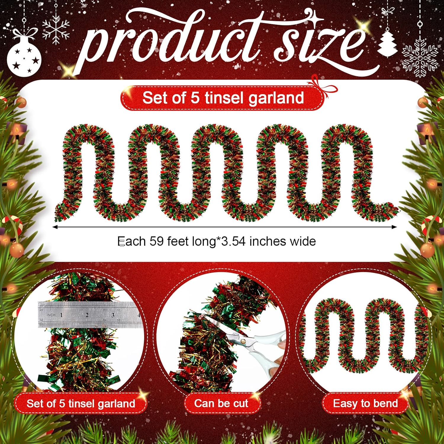 295 Feet Mardi Gras Tinsel Garland Metallic Tinsel Garland Glitter Twist Metallic Shiny Hanging Garlands Decorations Mardi Gras Tree Ornaments for Carnival Party(Red, Green, Gold)