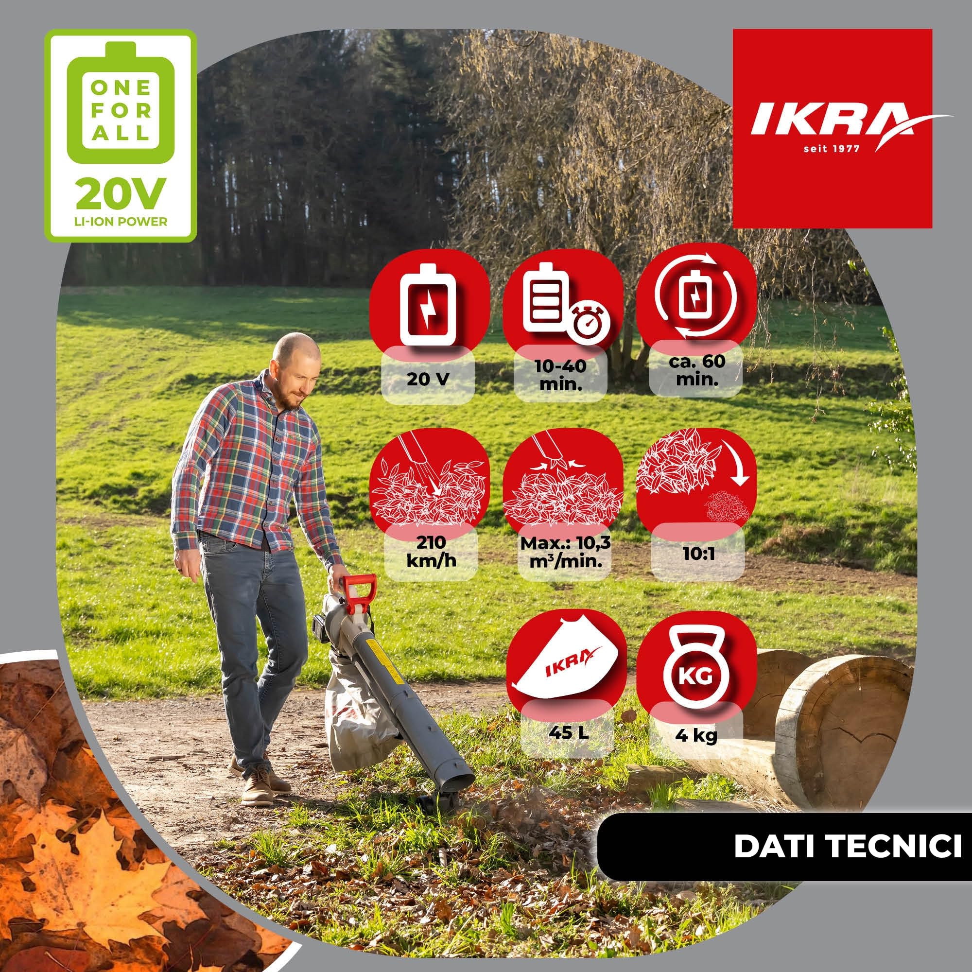 IKRA 3in1 aspiratore soffiatore a batteria IALS 2-20 con 2 batterie ricaricabili e doppio caricabatterie rapido