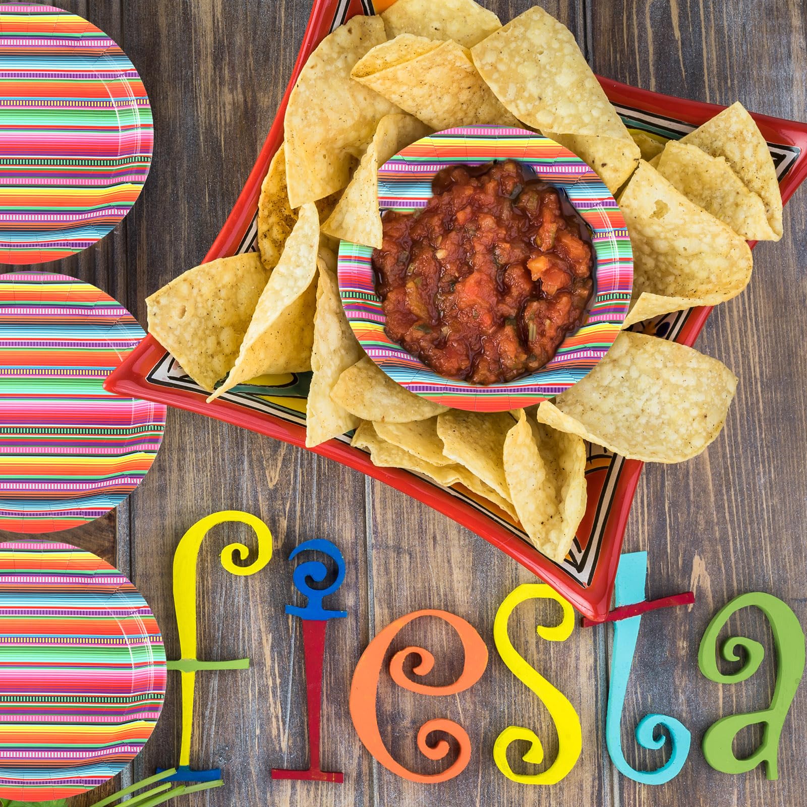 Sabary Fiesta-Pappteller für Cinco De Mayo Party, 22,9 cm, mexikanische Party-Dessertteller, Taco-Speiseteller, Partyzubehör für Fiesta, Dienstag, Geburtstag, Party-Dekorationen (bunte Streifen), 200