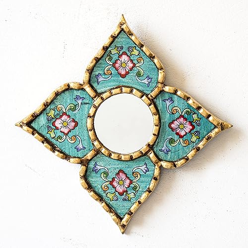 Handmade Diamond mirror on the wall home room decor - Peruvian Painted glass mirror wall art decor - Decorative mirror wall living room Turquoise