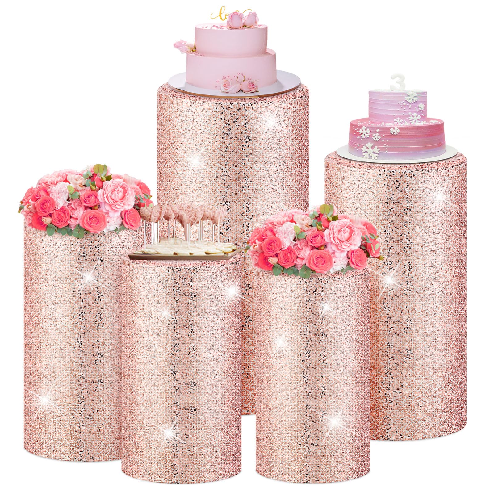 5 Pcs Party Cylinder Stand Covers Glitter Rose Gold Pedestal Cover Assorted Size Elastic Cylinder Covers Birthday Decoration Plinth Cover for Cylinder Pedestal Stands Wedding Baby Shower