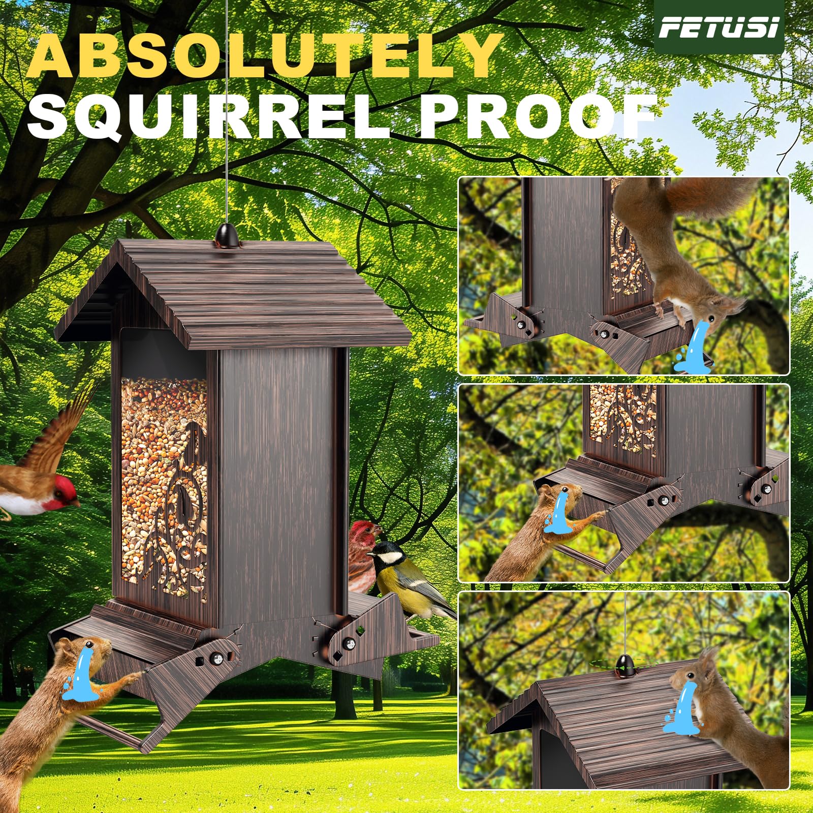 Comedero para pájaros a prueba de ardillas para colgar al aire libre, comedero de semillas de pájaros de metal con perchas bilaterales activadas por peso, comederos de pájaros silvestres de gran