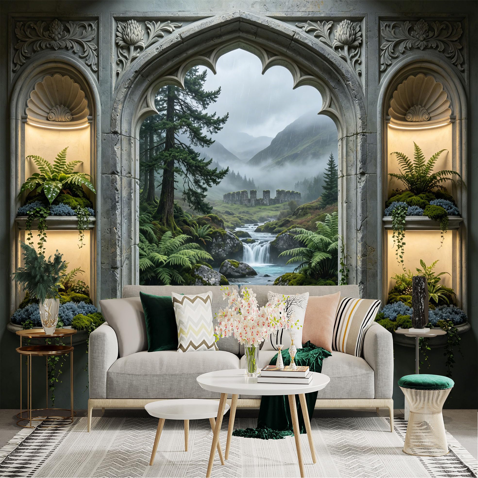 Custom Size Wall Sticker Mural， Medieval Castle with Waterfall， Misty Forest and Stone Arch Window， for wall Decoration， peelandstick wall Decals.