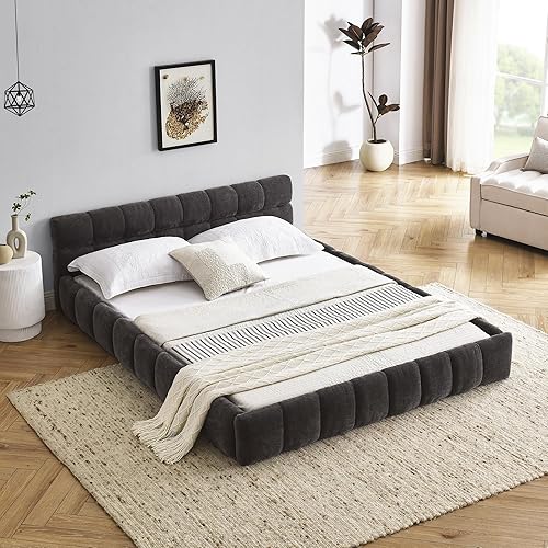 Miniatura 20 de Base de cama tapizada tamaño California King con tela de felpilla gruesa, cama de plataforma con cabecero copetudo, marco de madera maciza, diseño