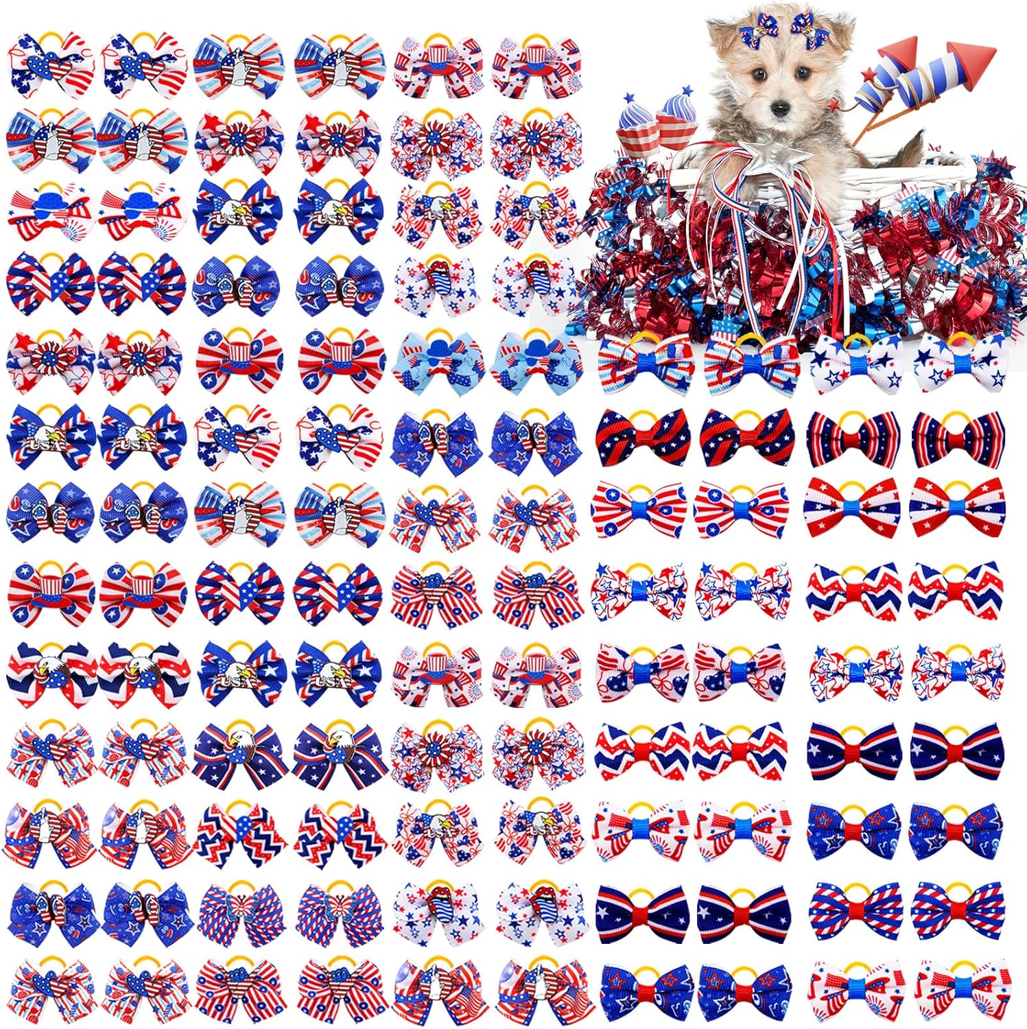 100Pcs/50Pairs Independence Day Dog Bows, Bulk 4th of July