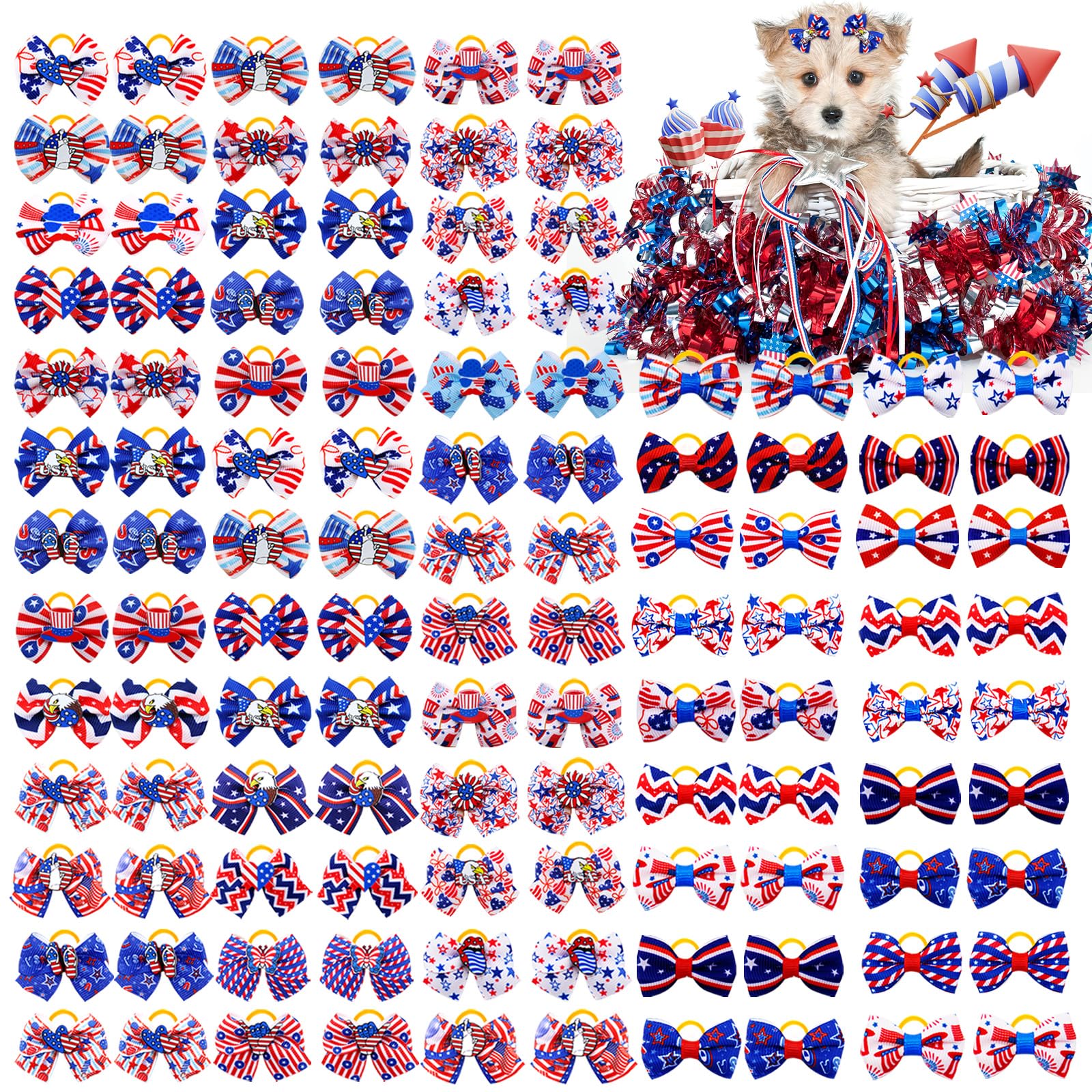 100Pcs/50Pairs Independence Day Dog Bows, Bulk 4th of July Dog Bows with Rubber Bands, Holiday American Flag Pattern Patriotic Small Dog Hair Bows, Dog Grooming Bows for Cute Pet Dog Hair Accessories