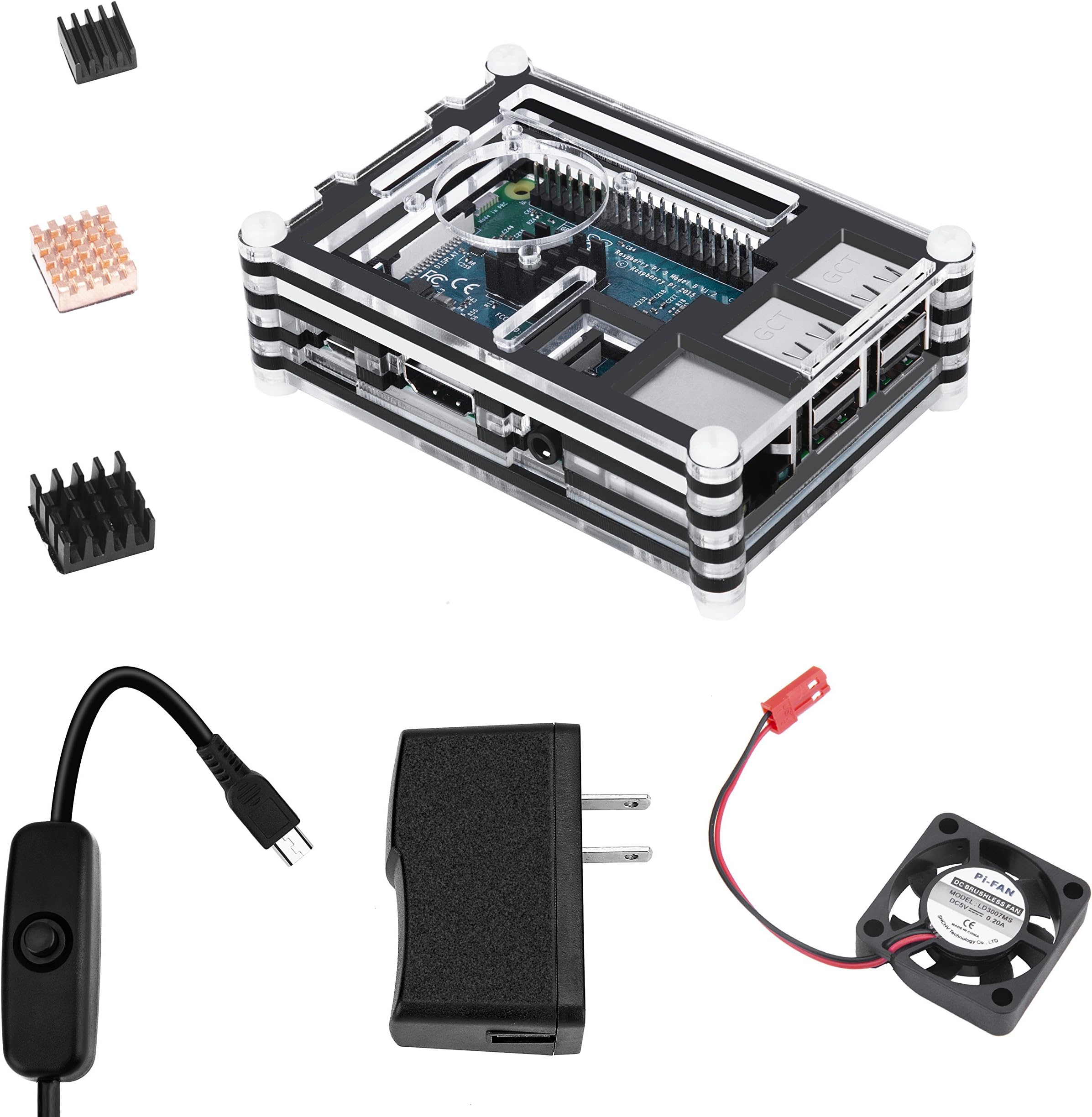 MIKOBOX 9 Layers Case 5 in 1 Kit for Raspberry Pi 3 with Mini Ventilation Fan and 3 Heatsinks, On/Off Switch USB 5V 2.5A Power Supply Compatible with Pi 3B 2 Model B (Pi Board is Not Included)