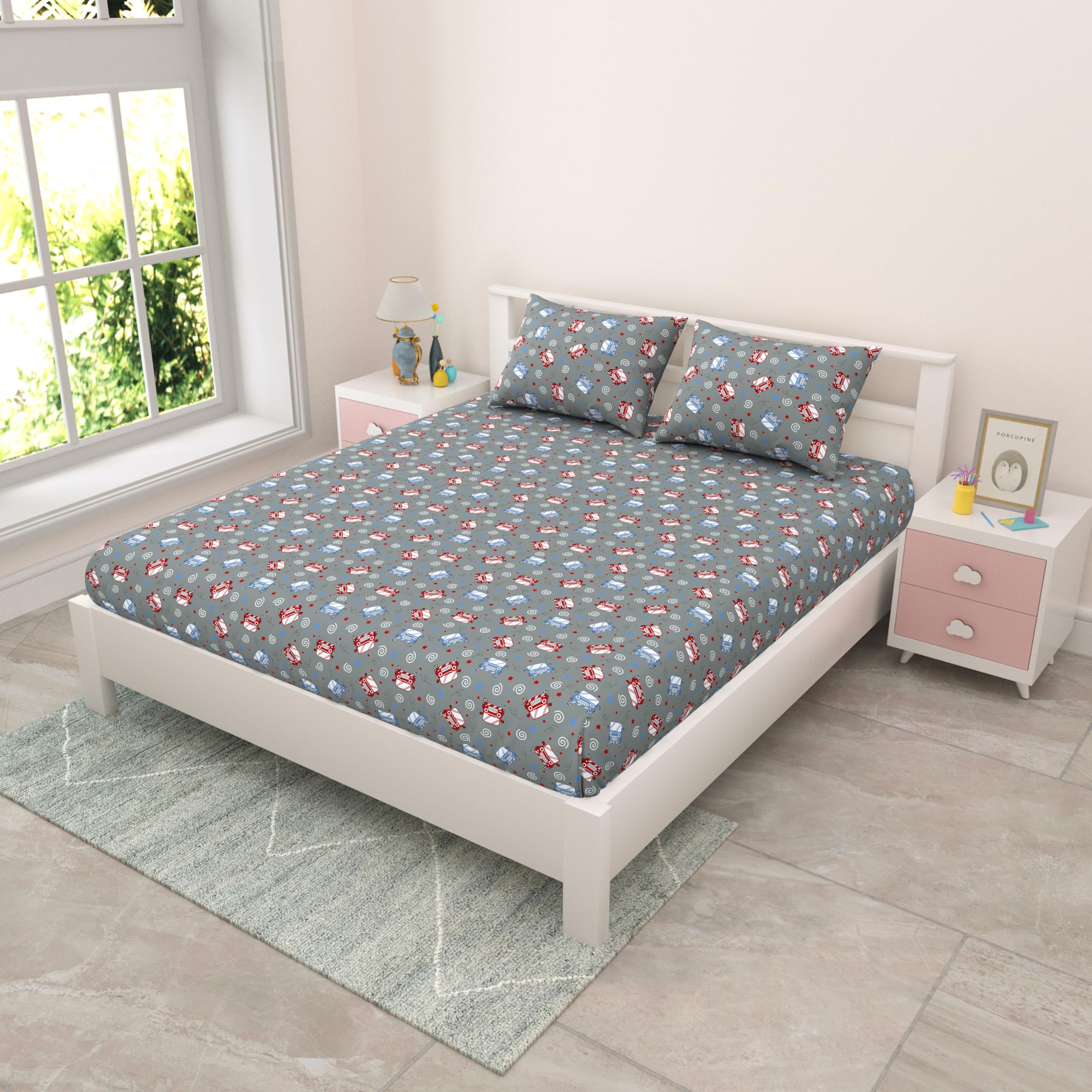 Mafatlal Coo Coo Kids Bed Sheet Double Bed Queen Size with 2 Pillow Covers, Pure Cotton, 144 TC (90x100 inches) β Comfortable Cotton Fabric, Vibrant Cartoon Theme, Mockingbird, for Boys & Girls 3