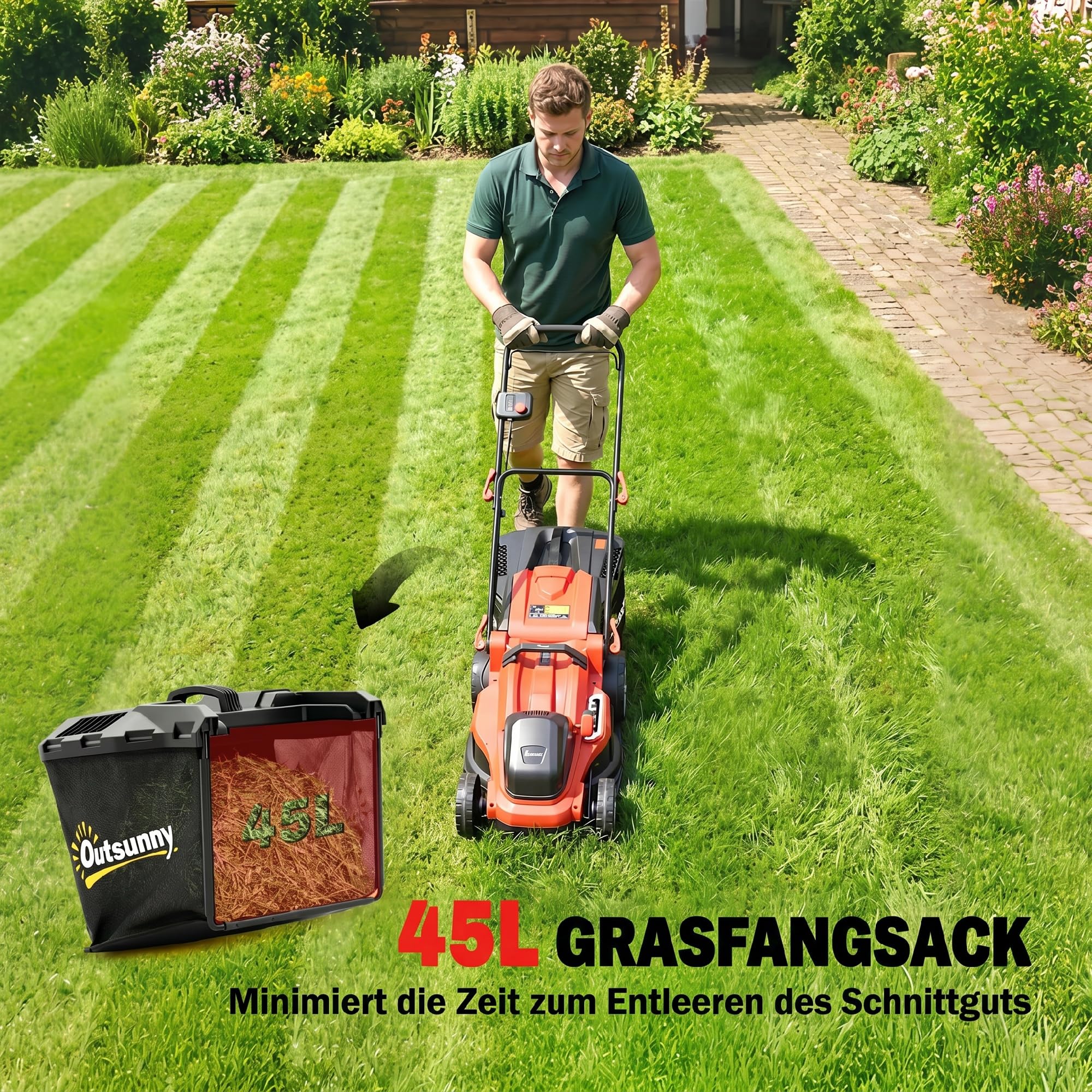 Outsunny Cortacésped eléctrico 800W 40cm Ancho de Corte con Bolsa 45L | Indic. batería, protec. sobrecarga, 7 alturas corte, segadora eléctrica, asas removibles, cortacésped, solo herramienta