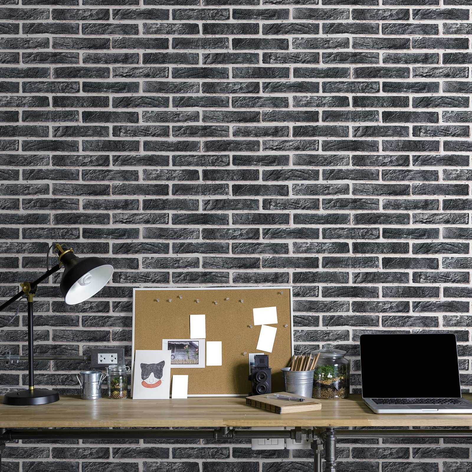 Duplex Brick Wallpaper - Modern Wallpaper for Living Room, Bedroom, Fireplace - Decorative Luxury Wall Paper with Industrial Brick Inspired Design (Natural Black)