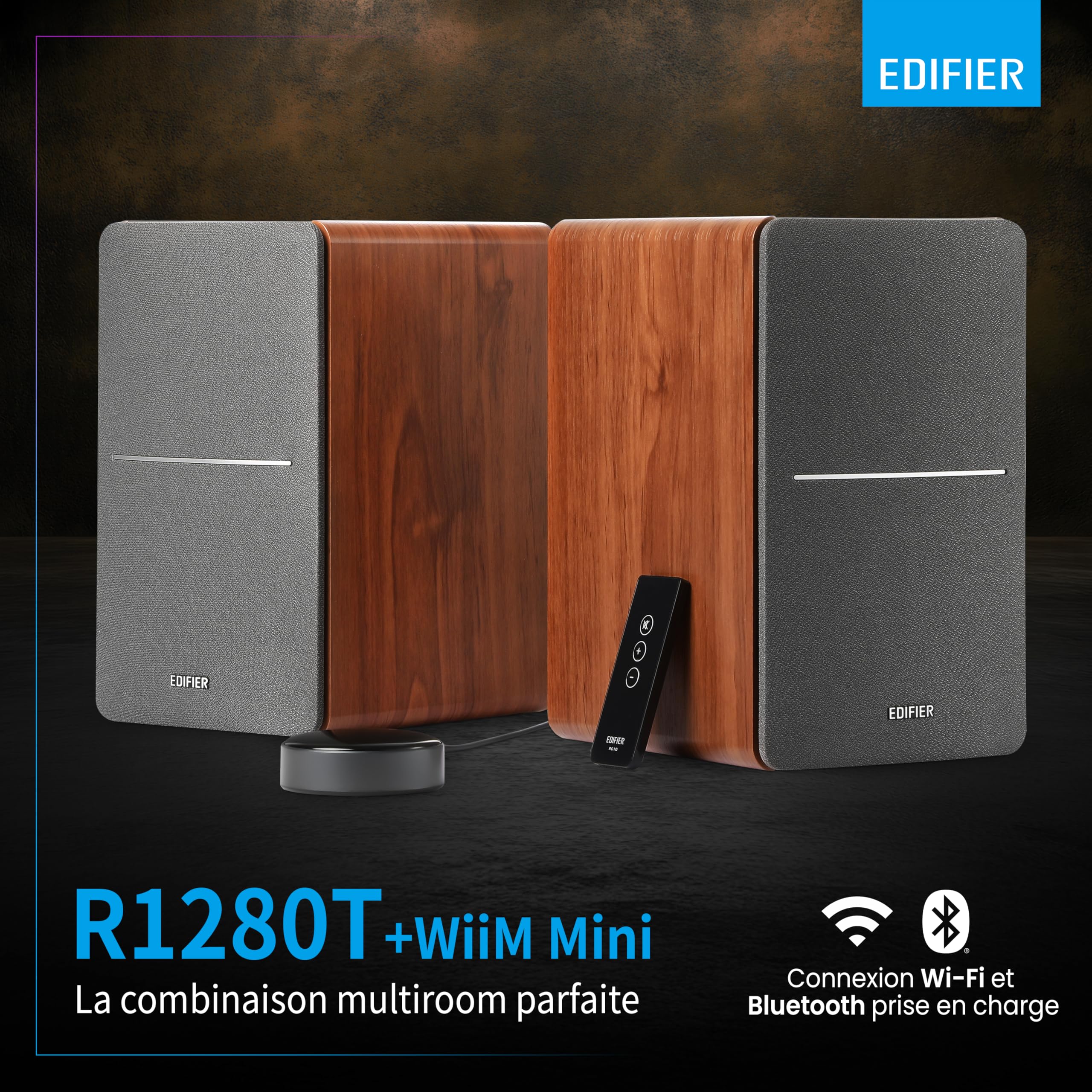 Edifier R1280T WiiM Mini - Enceintes bibliothèque Actives 2.0 avec WiiM Mini Inclus pour Streaming Airplay 2 Fonctionne avec Alexa & Siri - 42 W RMS - Bois