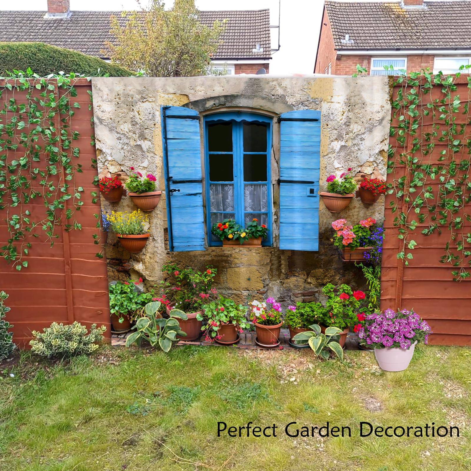 Newhomestyle Garden Blue Window Flowers Shower Curtain, 3D Waterproof European Outdoor Garden Decoration, Quick-Drying Polyester Fabric Bathroom Curtain with 12 Hooks, 180X180cm/ 71X71 in - Image 2