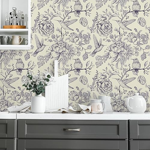 Miniatura 4 de CHIHUT Papel tapiz floral morado de 17.7 x 472 pulgadas, papel tapiz de vinilo botánico vintage, autoadhesivo, extraíble, de pájaro, papel de