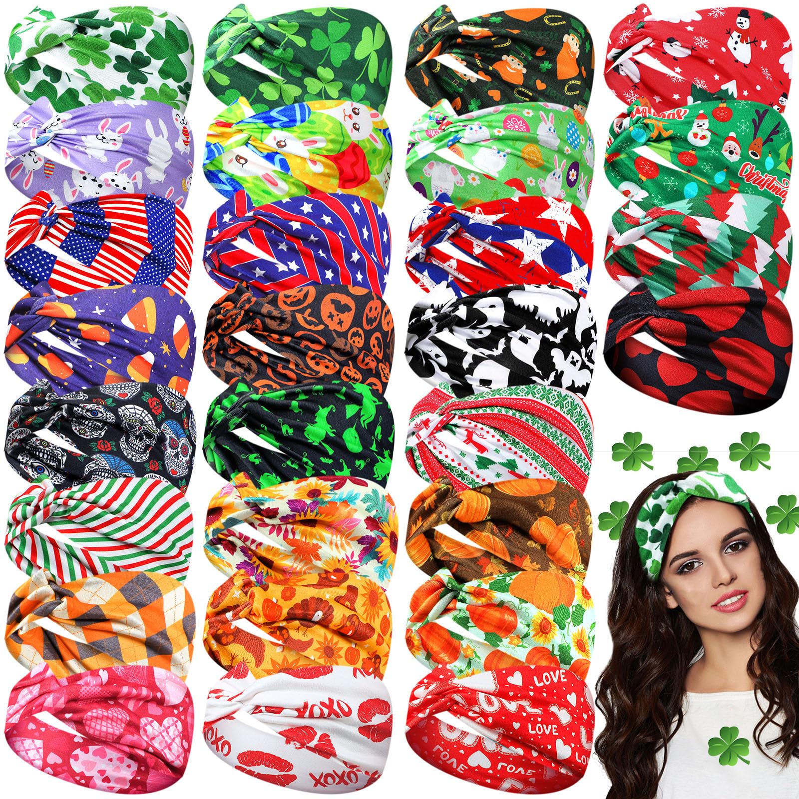XunYee 28 Pcs St. Patrick's Day Holiday Headbands for Women 4th of July Head Bands Nurses Patriotic Headbands Bulk Nursing Spring Hair Stretchy Fall