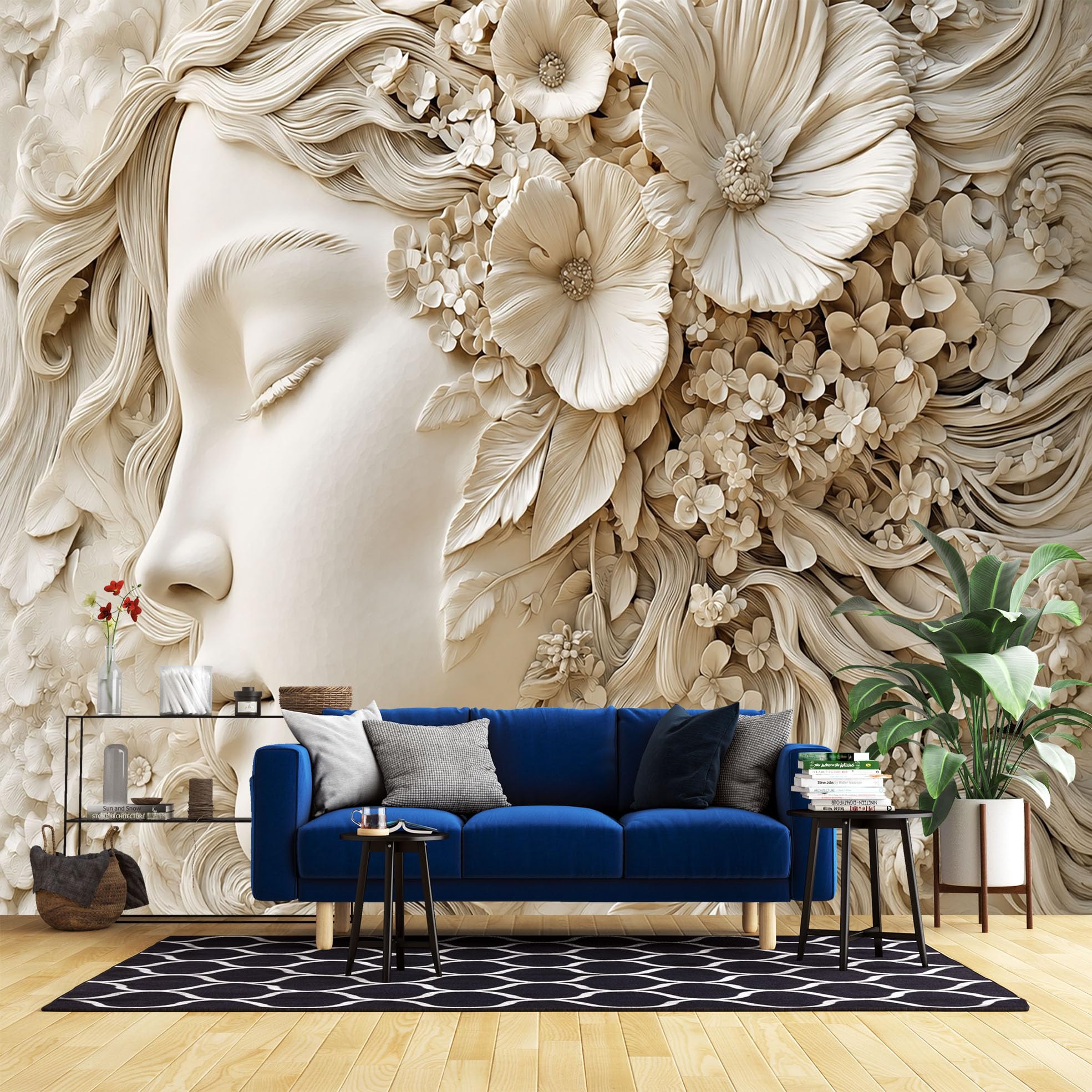 Grande Murale 3D Con Volto Femminile In Rilievo E Fiori 265X280 Cm (Lxa) Carta Da Parati Di Lusso Con Volto Femminile In Rilievo E Motivo Floreale In Tessuto Non Tessuto Ideale Per Camera Da Letto S