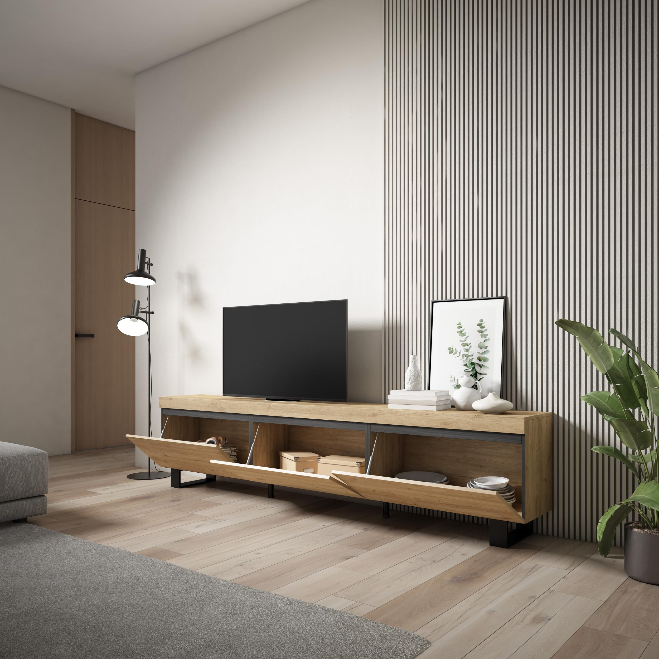 Skraut Home | Mobile TV Soggiorno | Ampio spazio a disposizione | 240x57x35 cm | Design industriale | Stile moderno | Rovere
