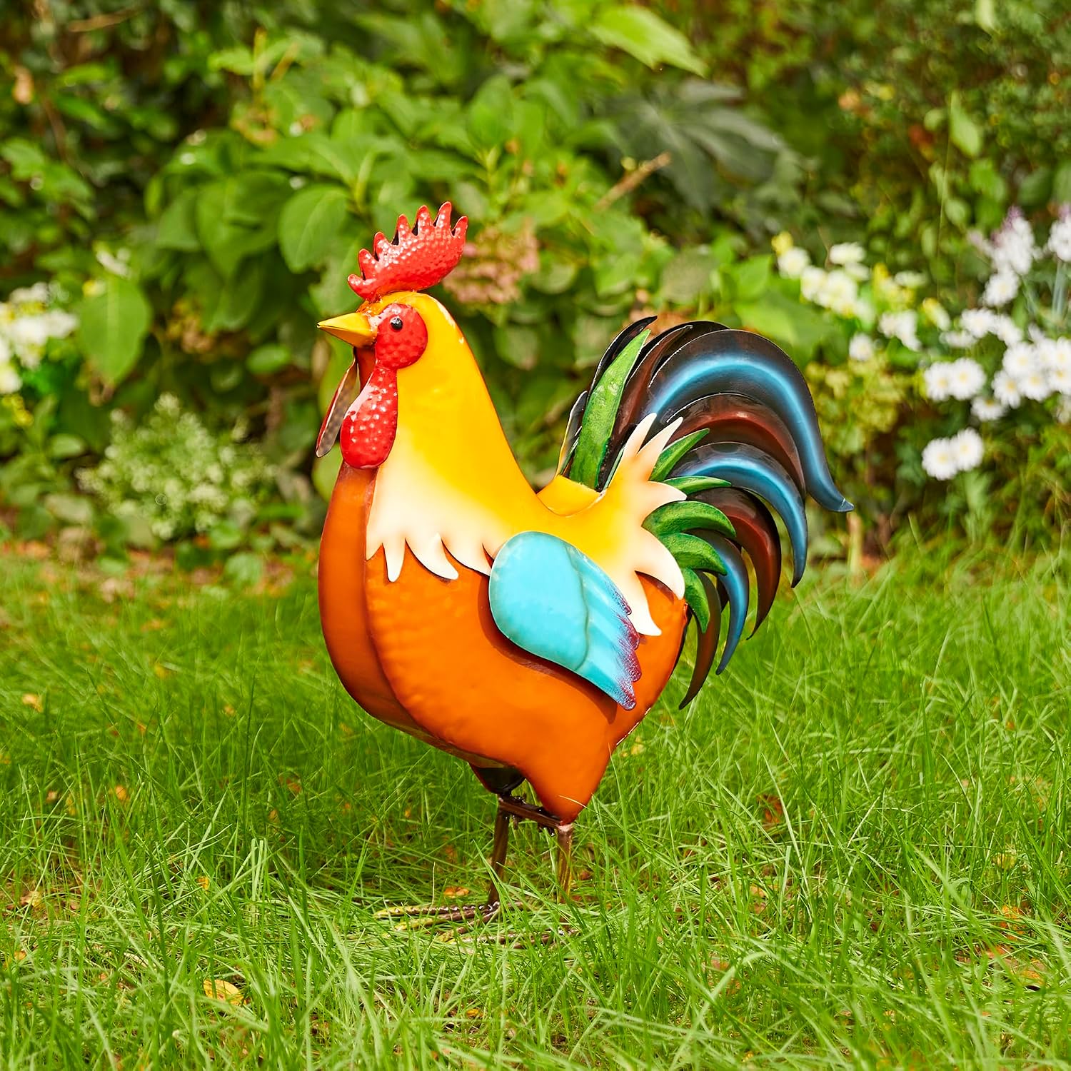 Glitzhome 21" Metal Vibrant Rooster Yard Decor, Outdoor Garden Statues, Vivid Chicken Sculptures for Backyard Kitchen Lawn Porch Farm Decor