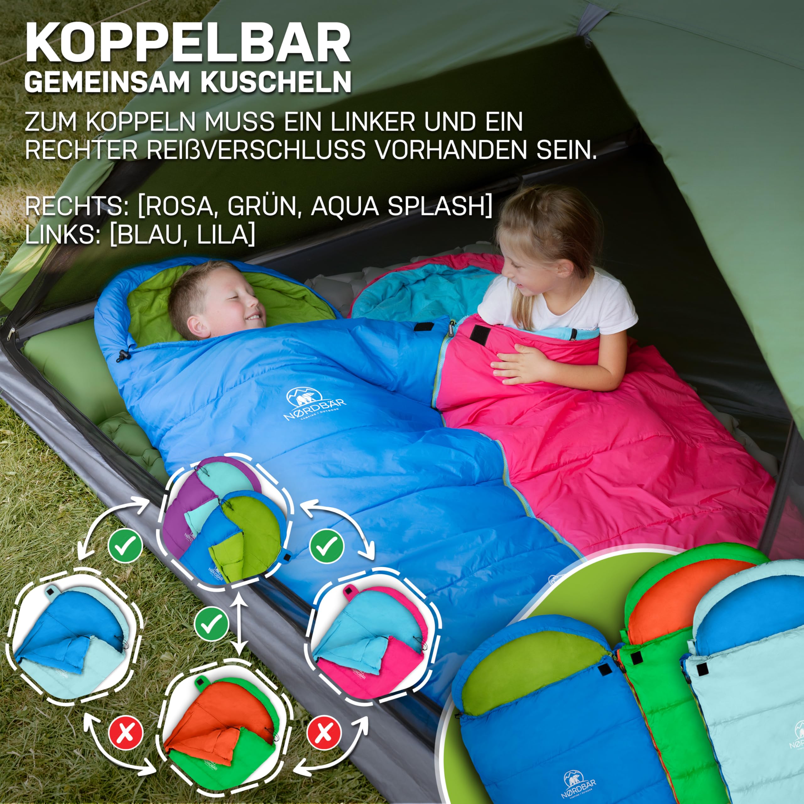 NORDBÄR® Kinderschlafsack für Jungs & Mädchen bis 145 cm Körpergröße | Innenfutter aus 100% Baumwolle | Mumienschlafsack leicht & warm | Kinder Outdoor Schlafsack [1200g] | Camping Kinderschlafsäcke