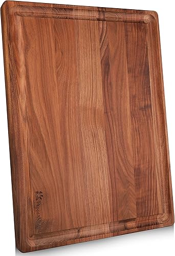 PepperMate - Tabla de cortar de cocina de nogal preacondicionada, 20 x 15 x 1.25 pulgadas, bloque de cortar de madera dura oscura con ranura para