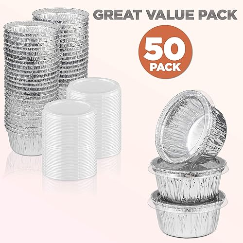 Miniatura 6 de Fit Meal Prep Moldes desechables de aluminio con tapas, tazas de natillas de aluminio de 4 onzas con tapas, tazas desechables de aluminio para