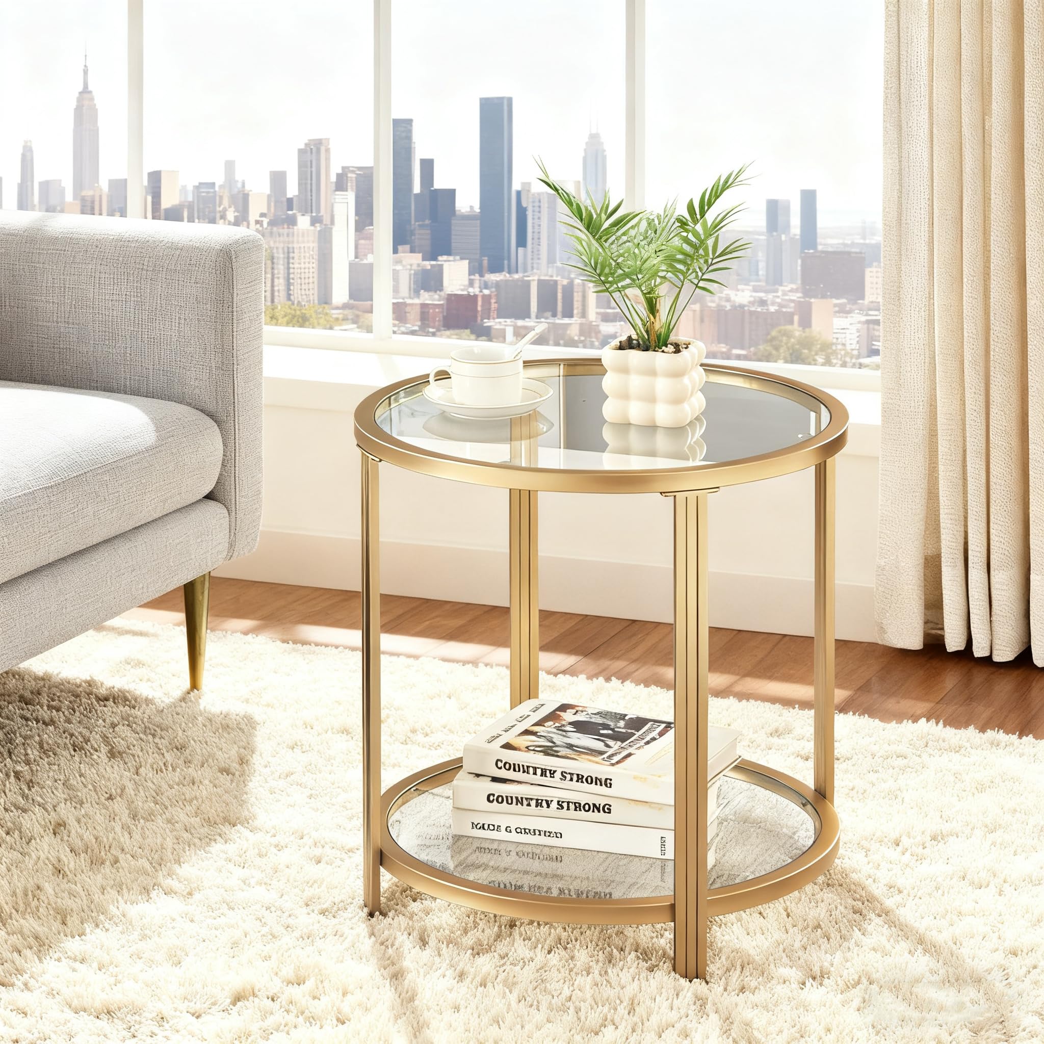 Gold Side Table, End Tables with Tempered Glass, 2-Tier Nightstands with Storage Shelves, Coffee Table with Modern Style, Gold Coffee Table with Modern, for Living Room, Balcony, Bedroom