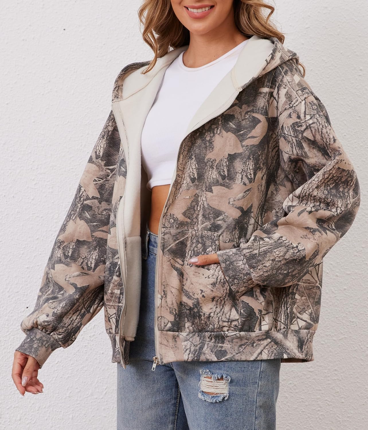 Women Camo Hoodie Oversized Fleece Full Zip Up Sweatshirt Casual Long Sleeve Jackets Trendy Fall Clothes With Pockets - Image 5