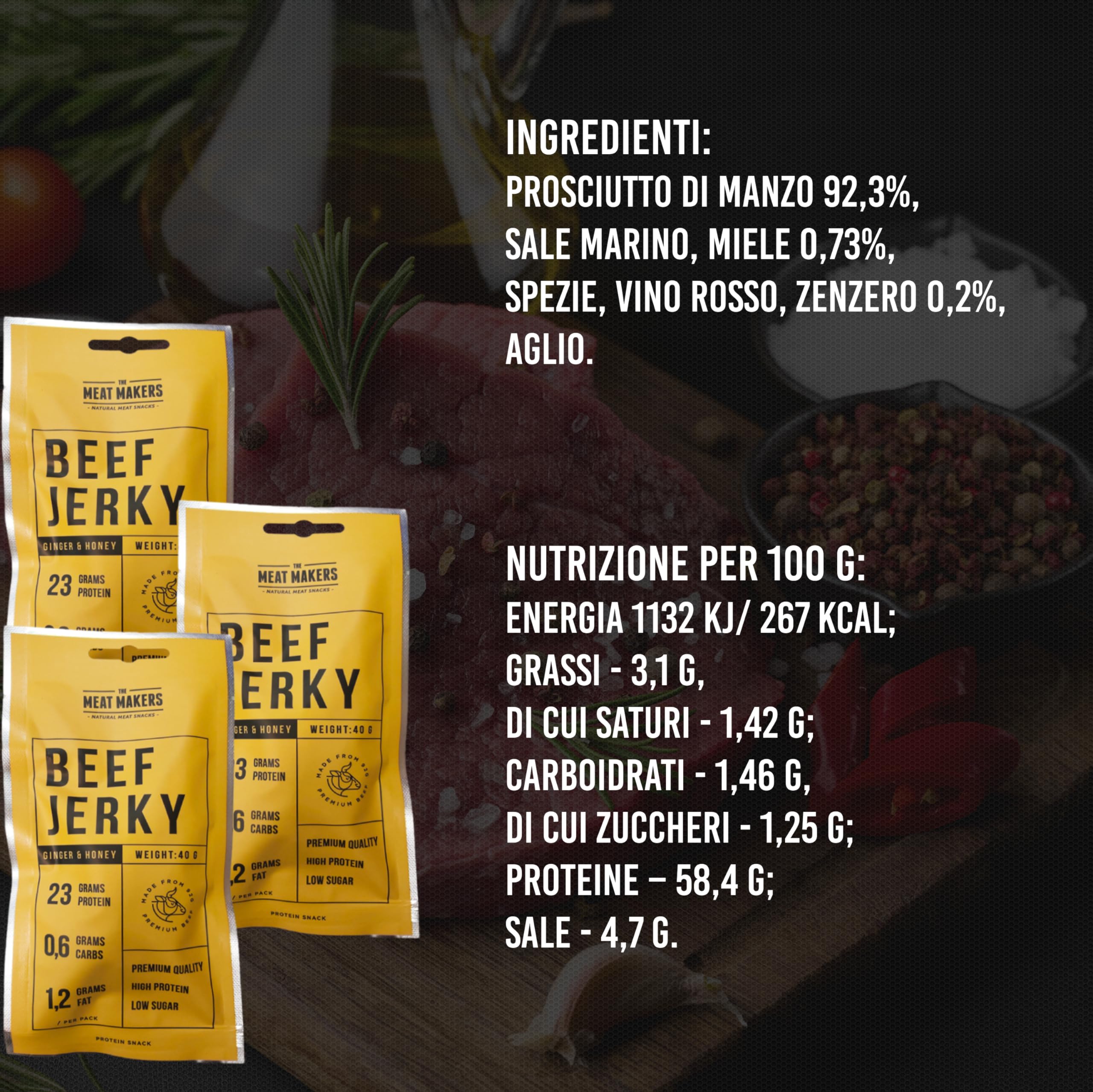 THE MEAT MAKERS High Protein Snack Ginger & Honey Beef Jerky Sport Snack 480g (12x40g) Manzo Jerky Snack ad alto contenuto proteico - Snack di carne secca per umano a basso contenuto calorico