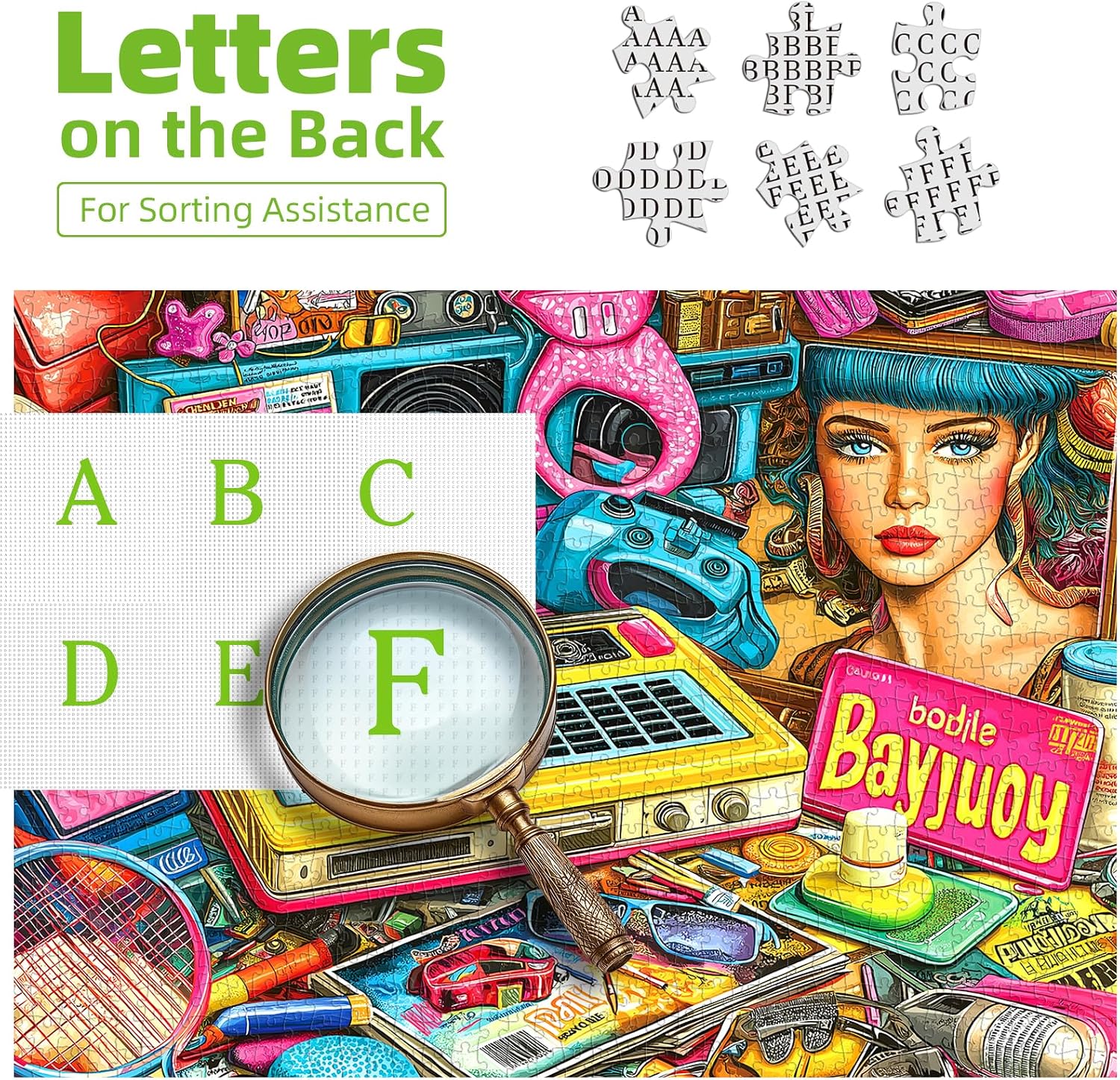 Retro Pop Art Jigsaw Puzzle, 500 Pieces, Vibrant Beauty and Technology Theme Collage, Adult Entertainment image 3