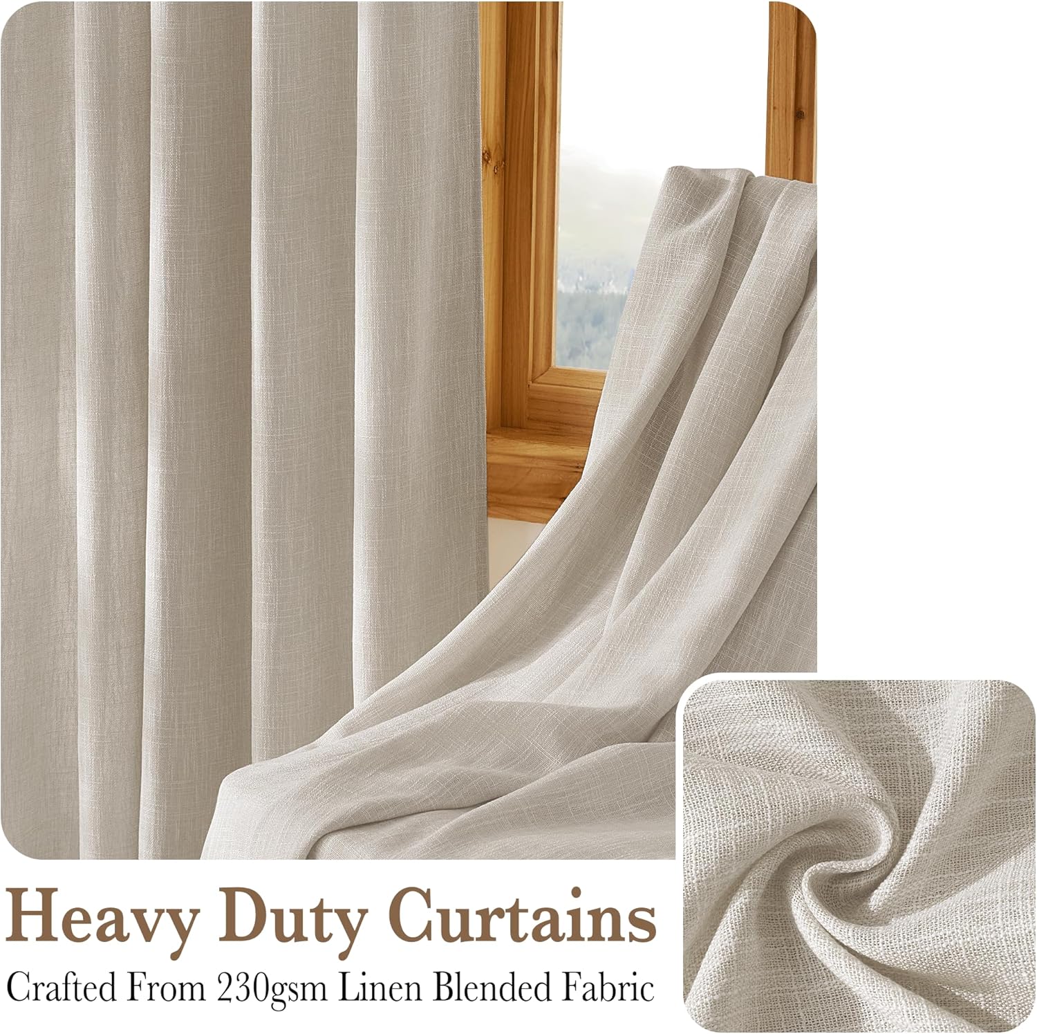 RYB HOME Linen Curtains 84 inch Length 2 Panels, Non See Through Linen-Look Elegant Drapes Privacy Protection Window Treatments for Living Room, Bedroom, Office, Nursery, Taupe, W 52" X L 84"