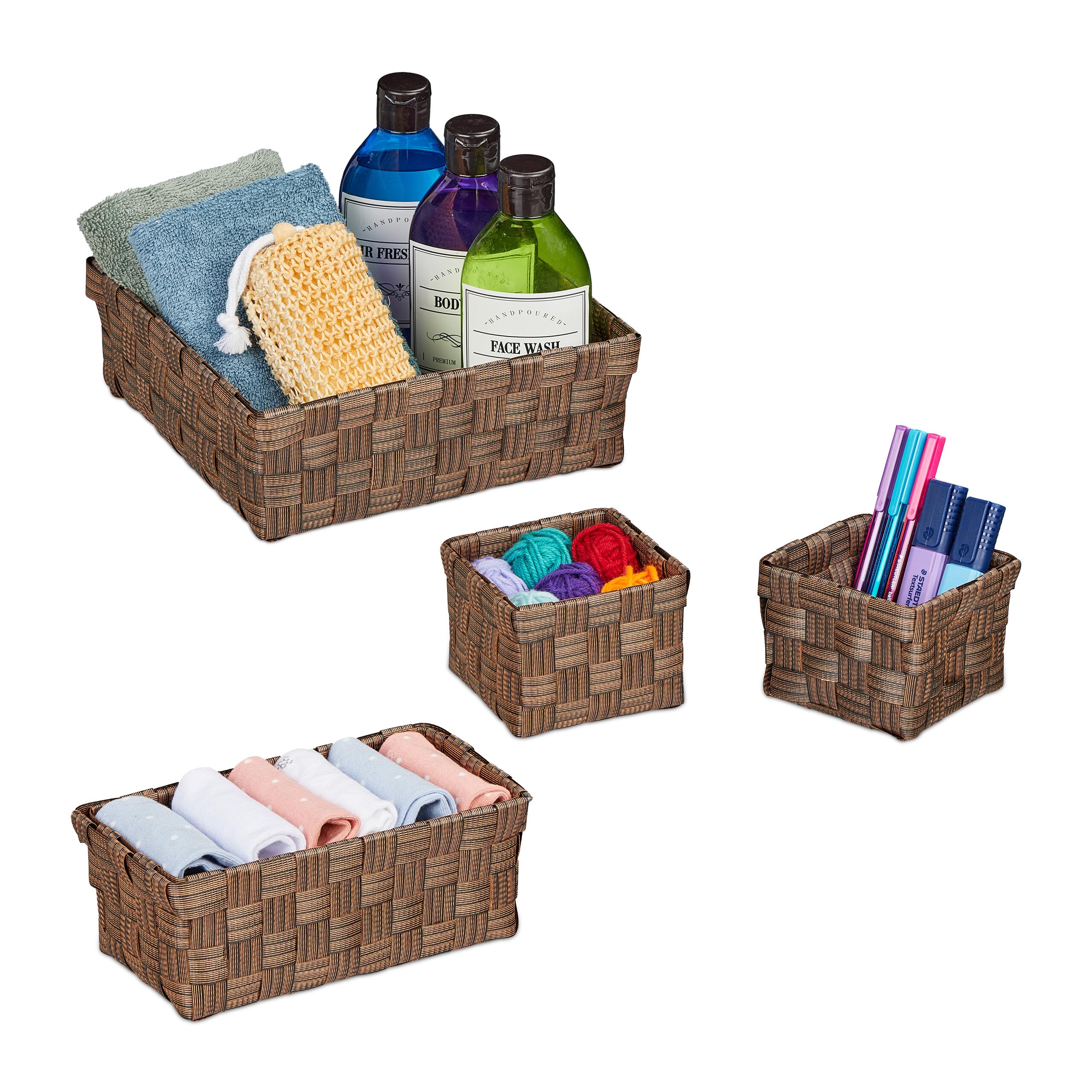 Corbeille rangement salle bain anti humidité lot 3 paniers plastique tressé marron Relaxdays