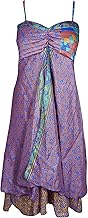 Womens Purple Floral Dress, Recycled Sari Midi Dress, Casual Vocation Dresses S/M