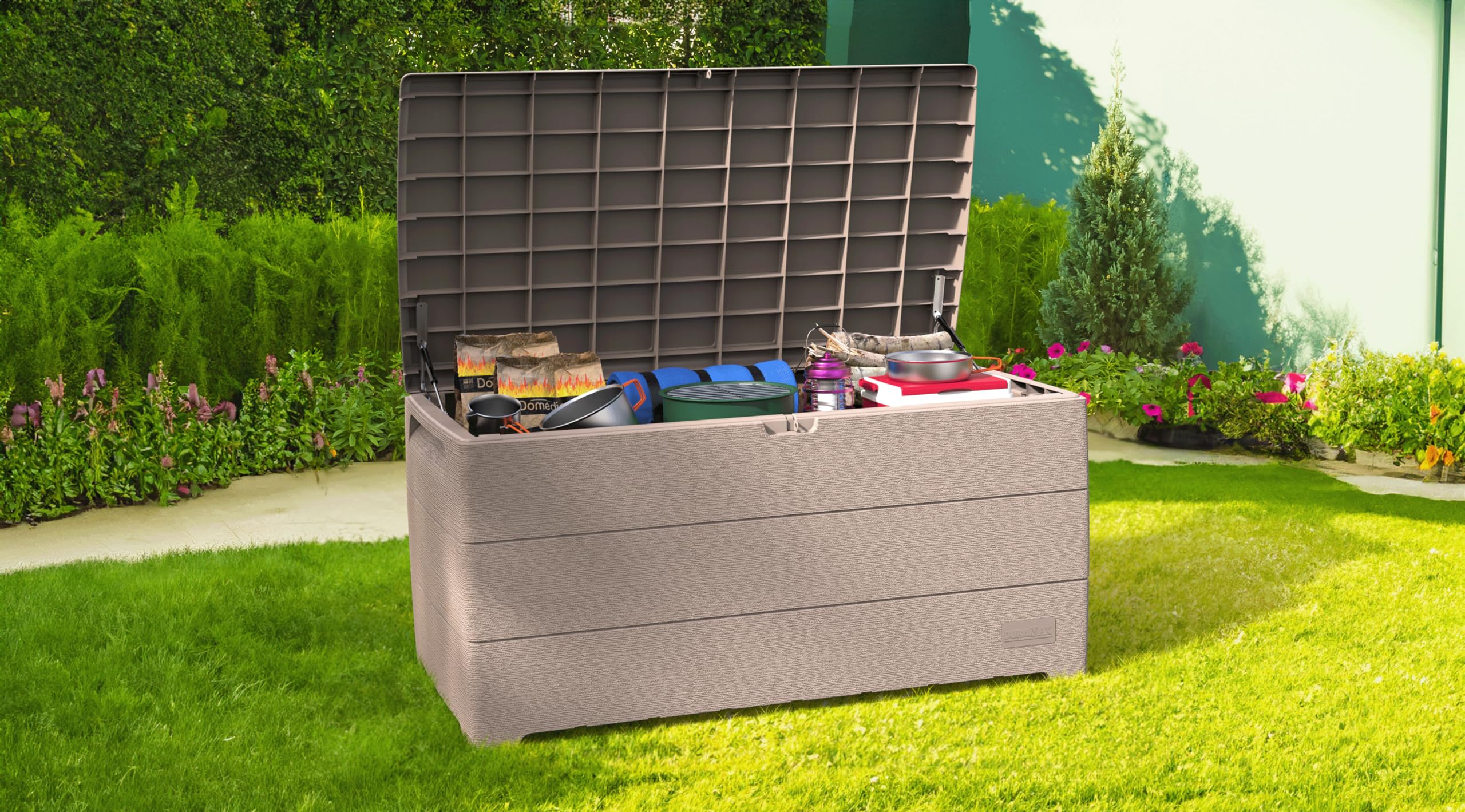 Duramax Cedargrain Durabox 270 Litri/ 71 Galloni Baule da Giardino, Cassapanca Contenitore da Esterno in plastica con ruote e maniglie, Scatole Per Esterni, Tortora caldo, 55.7 x 45.3 x 117.2 cm