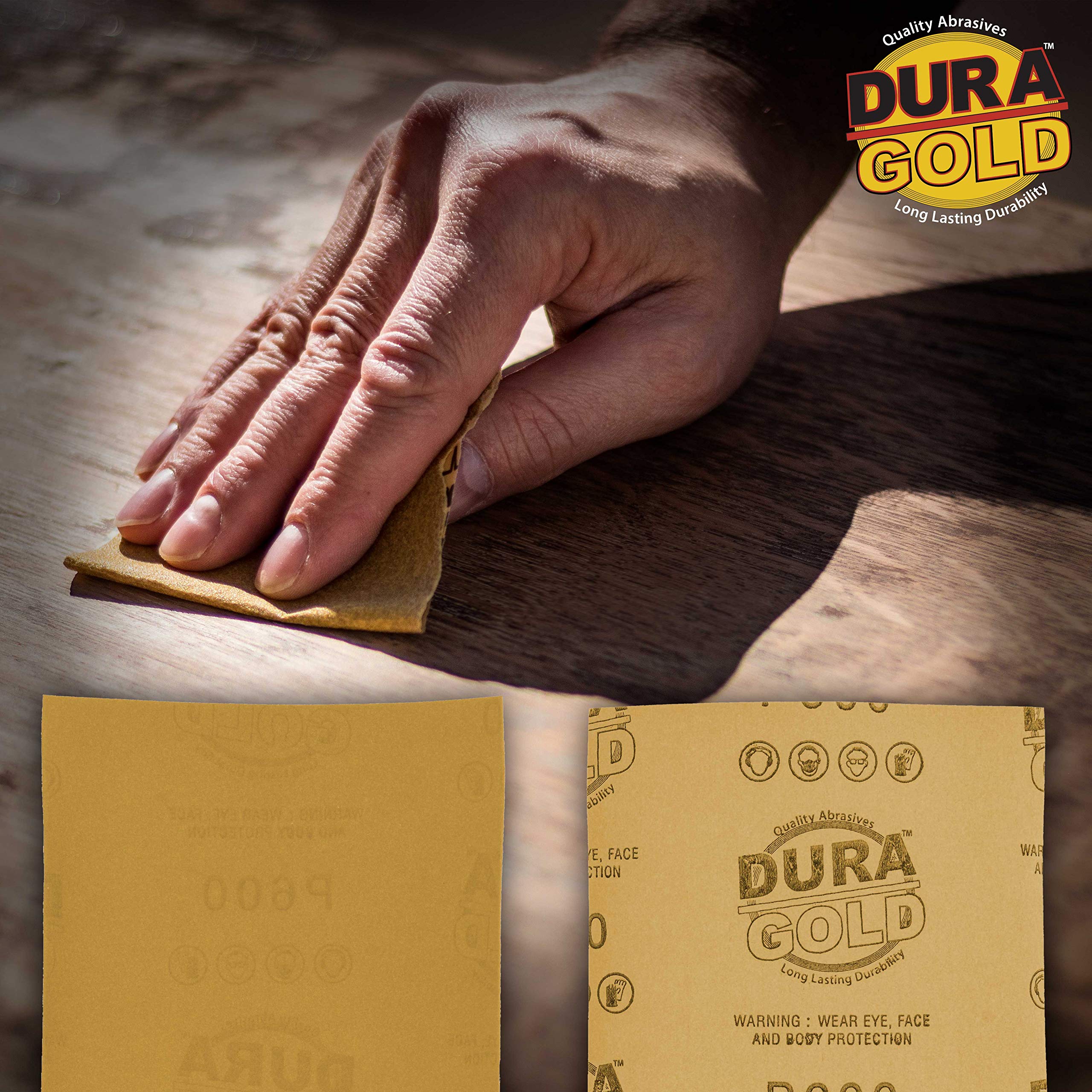 Dura-Gold - Papel de lija de grano 600 dorado – 1/4 hoja de papel de lija liso 5.5" x 4.5" – para lijadoras de palma automotriz y carpintería – Caja de 400