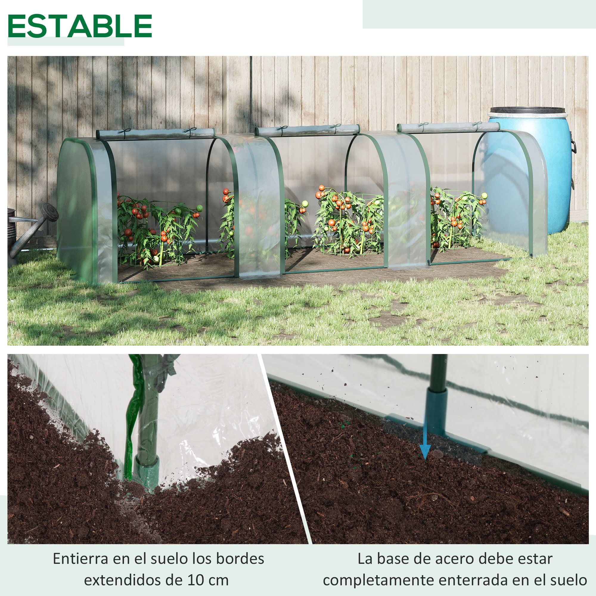 Outsunny Invernadero de Exterior 295x100x80 cm Invernadero de Jardín con 3 Puertas Enrollables Marco de Acero para Cultivos Plantas Flores Transparente