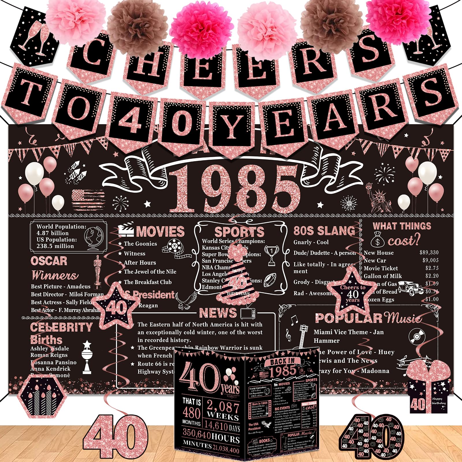 40th Birthday Decorations for Women,16PCS Back in 1985 Party Banner Decorations,Including Vintage 1985 Backdrop,Cheers to 40 Years Banner,7 Hanging Swirl,1985 Poster Anniversary Card,6 Paper Poms