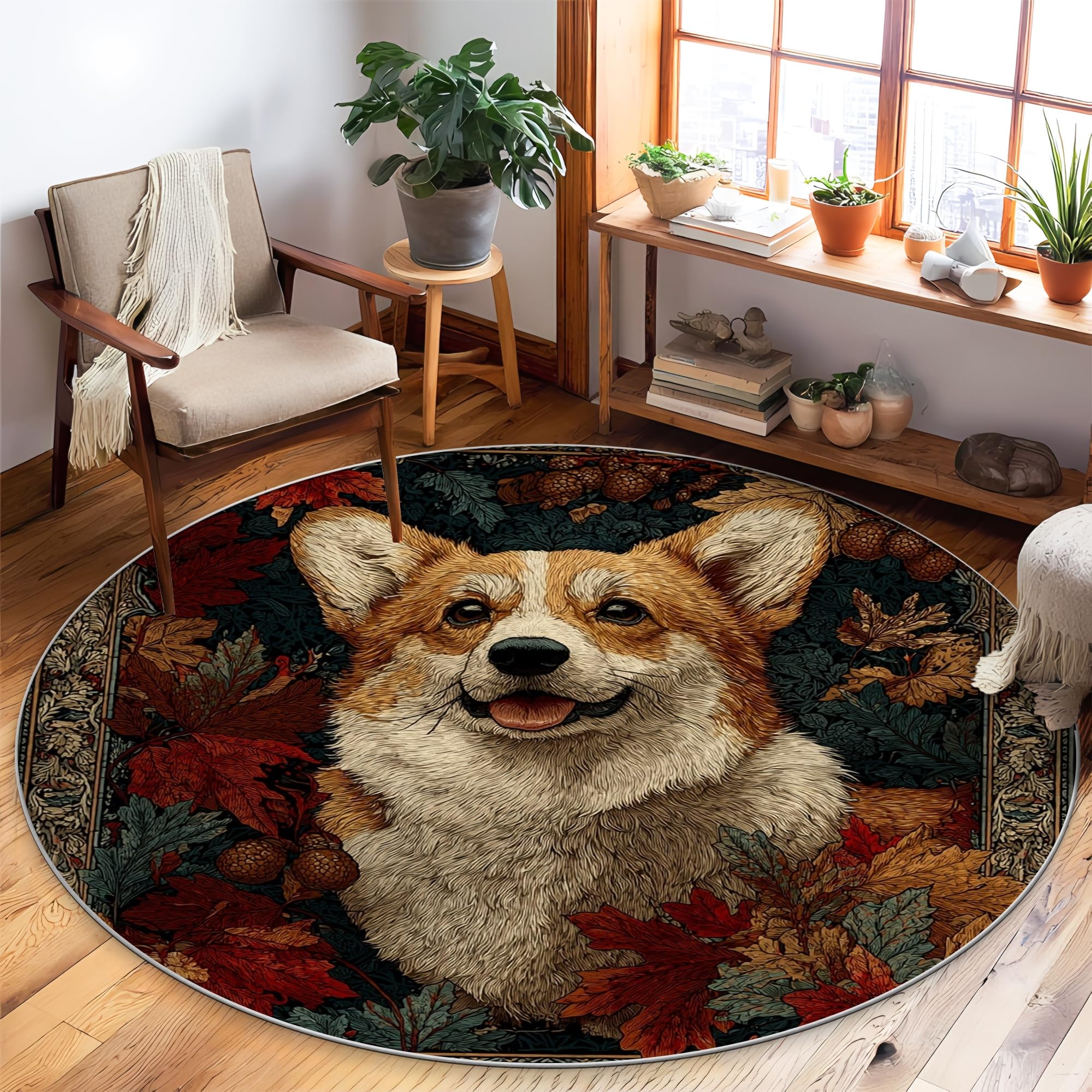 Tapis rond pour salon et chambre motif automne rustique orange Corgi