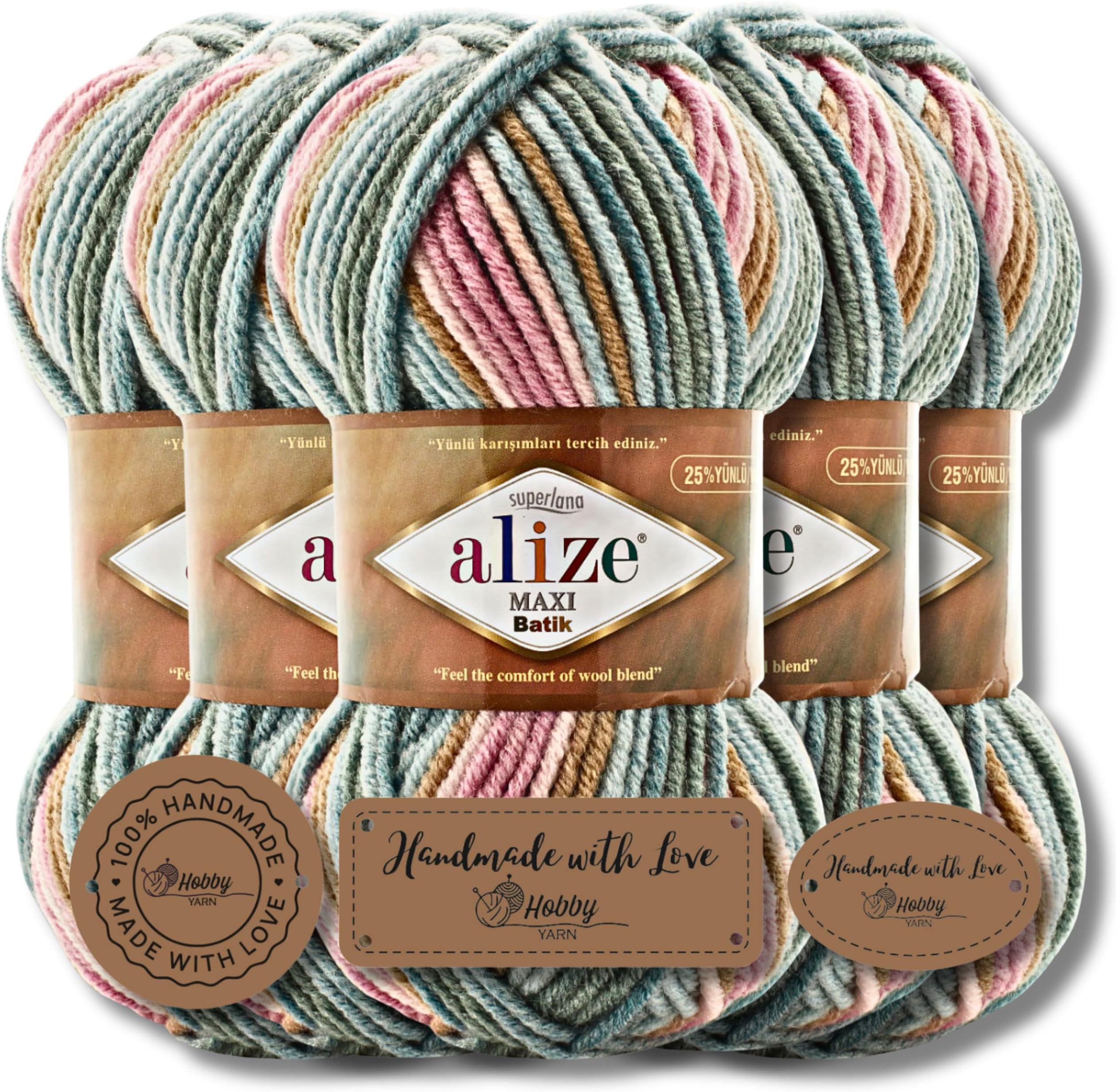 Alize Superlana Maxi Batik Turkish Wool Super Bulky Chenille Yarn - 5 x 100g XXL Ball for Amigurumi & Hand Knitting