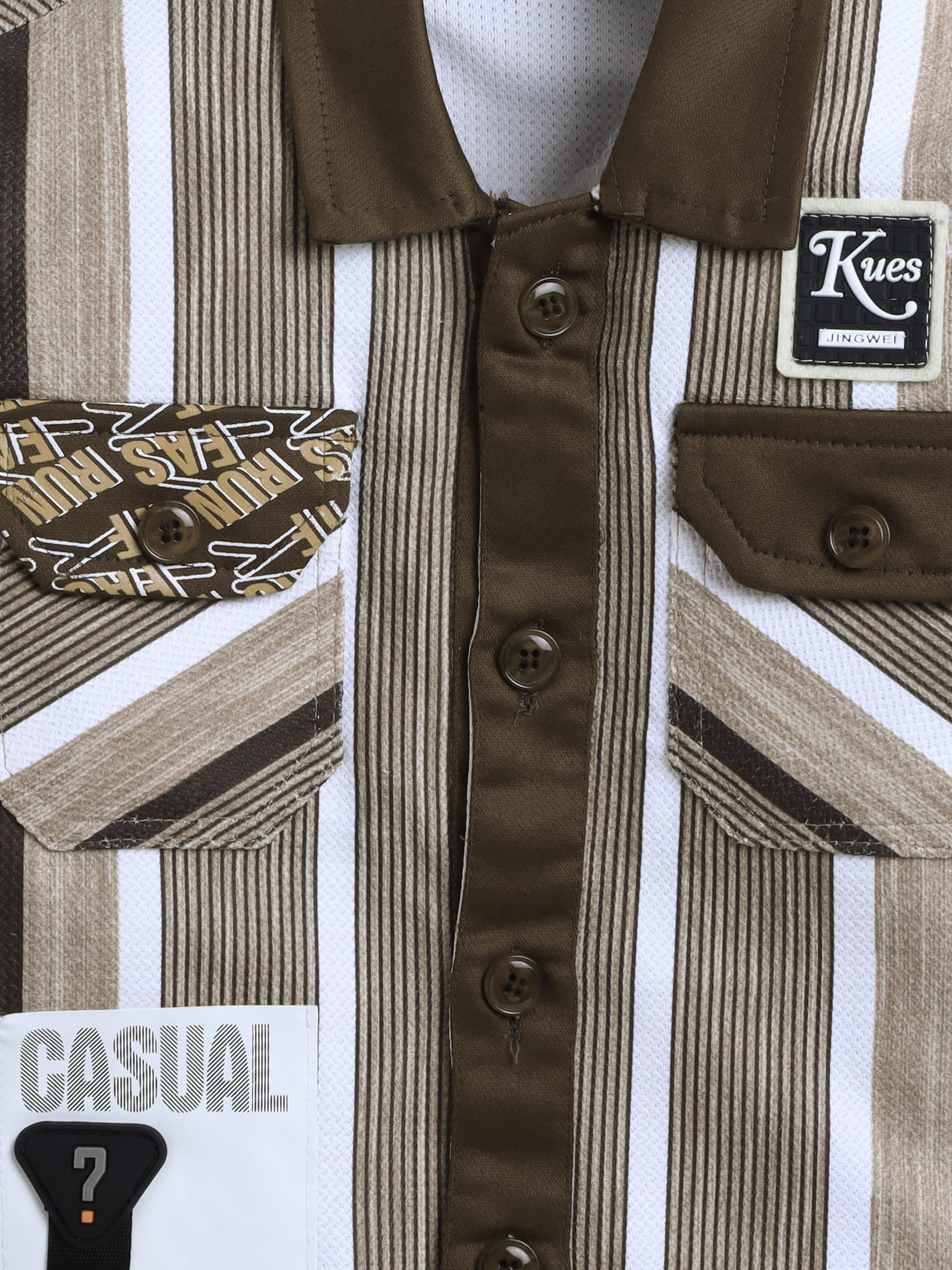 FOURFOLDS Boys Cotton Blend Striped Shirt & Trouser Set With Printed T-shirt- Olive Green 3